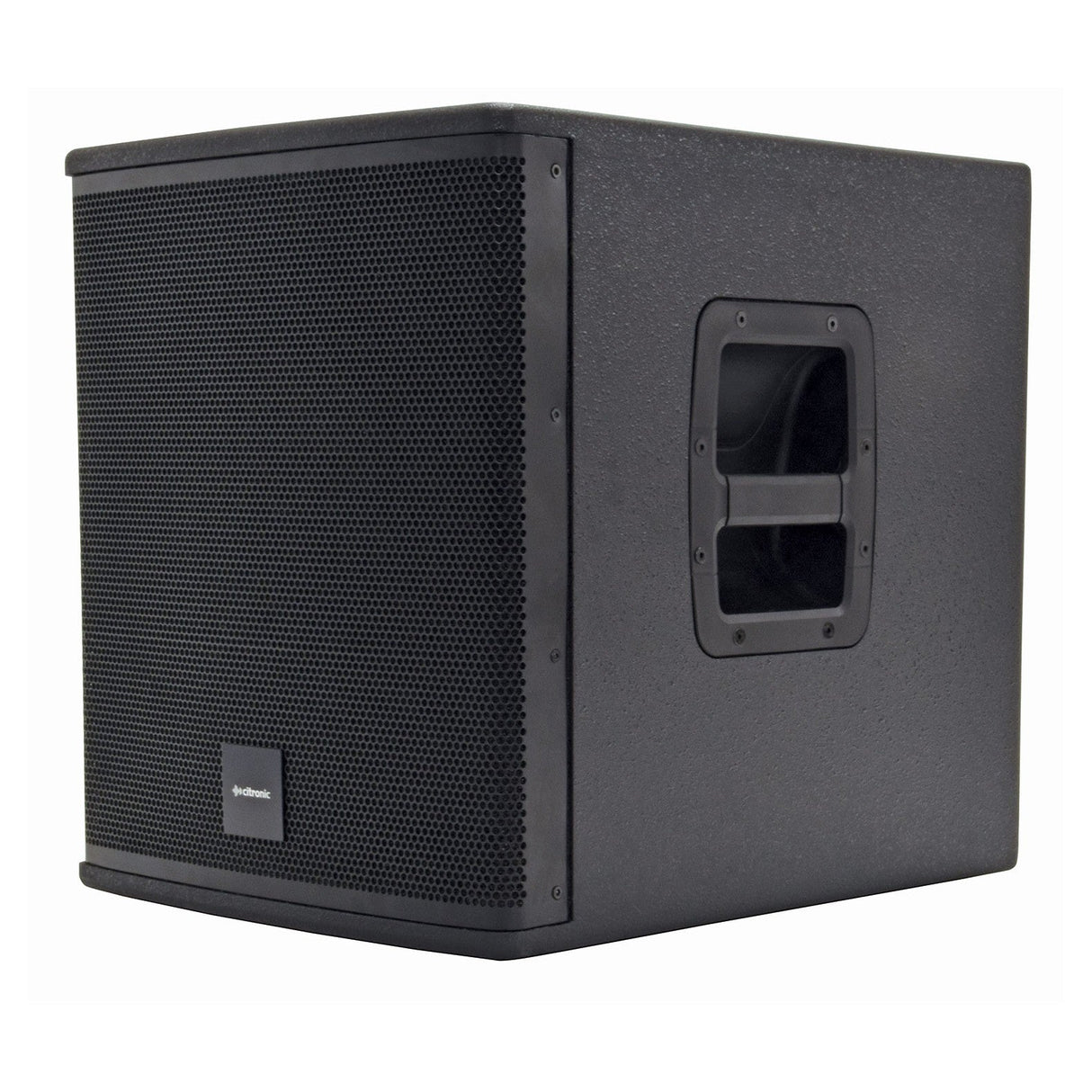 The Citronic CASA-12BA 12" Active Sub - 400W is depicted in black with a textured surface, highlighted by a perforated front grille and recessed handle for easy portability. Its lightweight design is enhanced by the brand logo prominently displayed on the lower front.