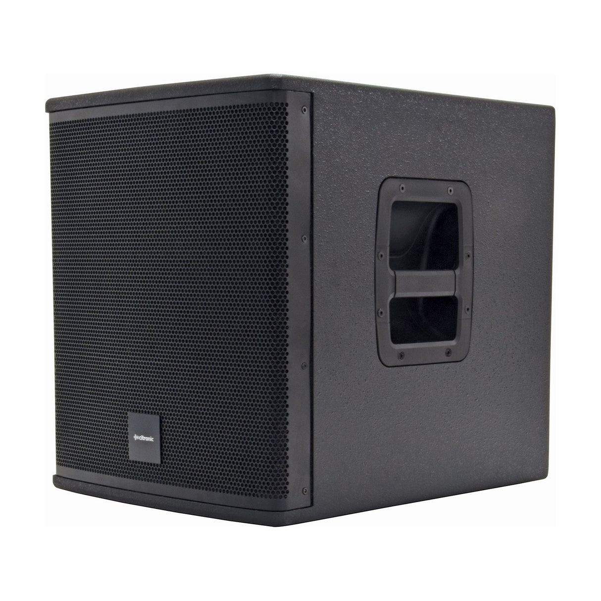 Citronic CASA-12B 400W passive subwoofer cabinet in matte black textured finish, with front steel grille and side carry handle recess.