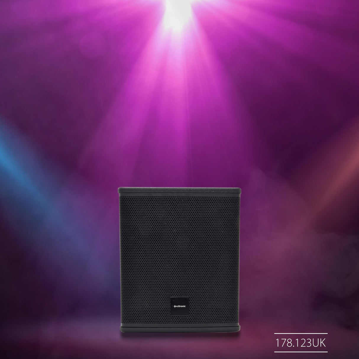 Citronic CASA-12B 400W passive subwoofer cabinet in matte black with steel grille, shown on a stage with purple and blue light beams above.