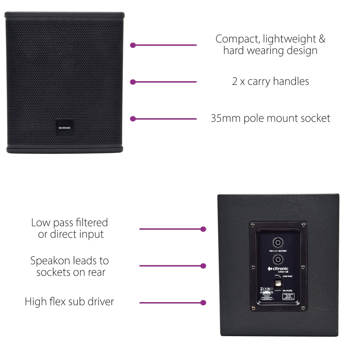 Citronic CASA-12B passive subwoofer shown front-on with steel grille alongside rear panel detailing Speakon sockets and low pass filter switch.