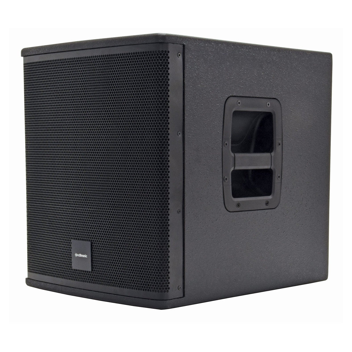 Introducing the Citronic CASA-12B 12" Passive Sub - 400W, a sleek black speaker box with a textured surface. It features a front metal grille and is equipped with a recessed side handle for easy portability. This subwoofer is designed for sound reinforcement and sits on a light background, ready to seamlessly connect with other audio equipment for an enhanced listening experience.