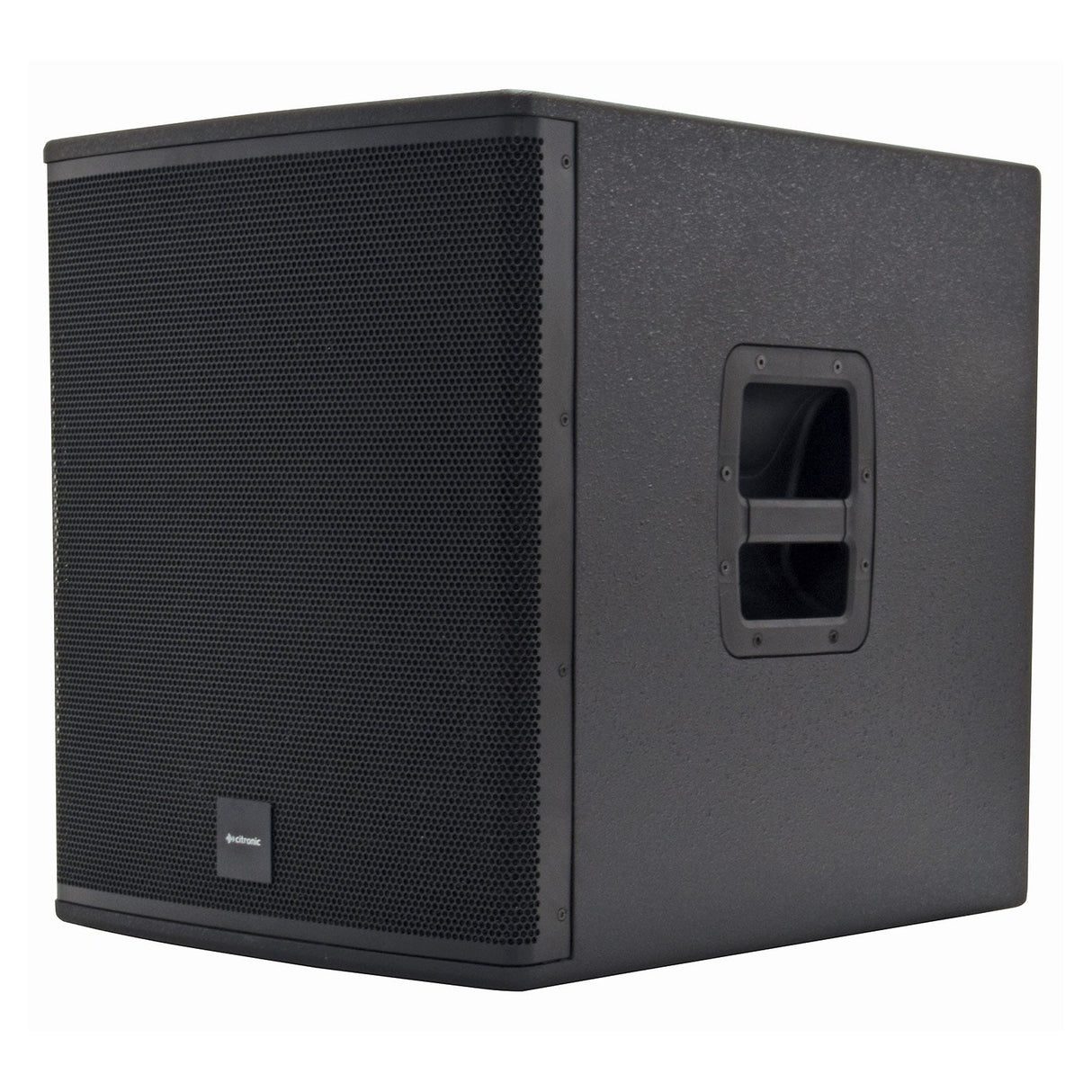 The Citronic CASA-15BA 15" Active Sub - 500W is a black, square-shaped speaker with an active subwoofer. It has a textured surface, front metal grille, and a recessed handle for easy transport. Its lightweight design is both simple and functional, making it perfect for professional audio setups.