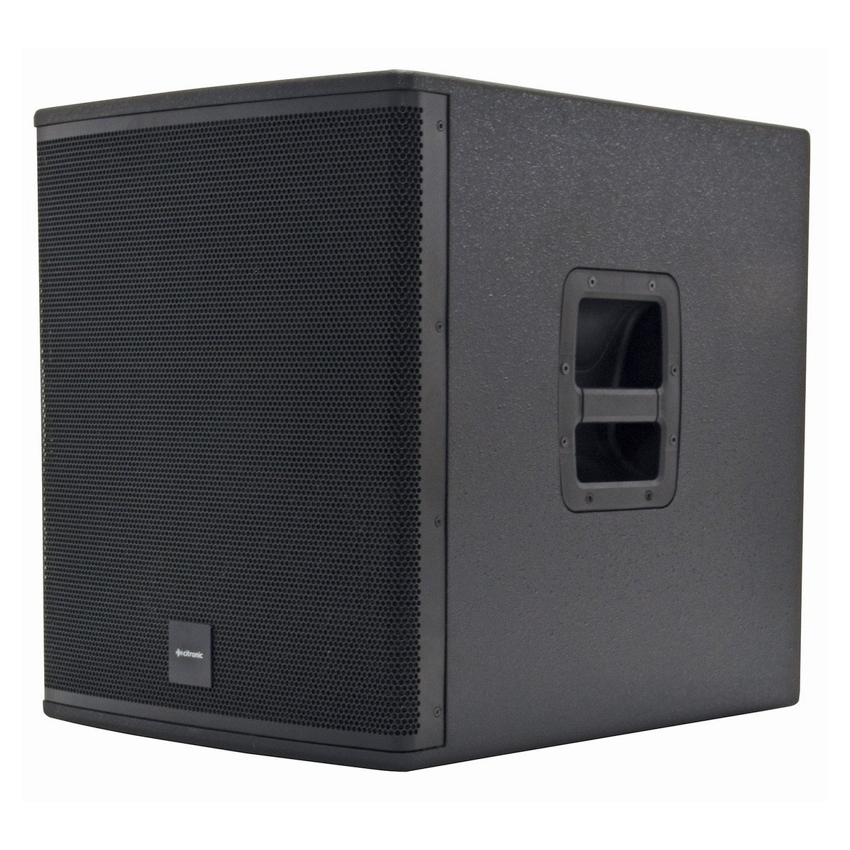 The Citronic CASA-15B 15" Passive Sub - 500W is a large black subwoofer with a textured surface and front mesh grill, engineered for delivering powerful transients. It includes a rectangular handle on the side for easy carrying, offering lightweight convenience. The speaker is displayed against a white background.