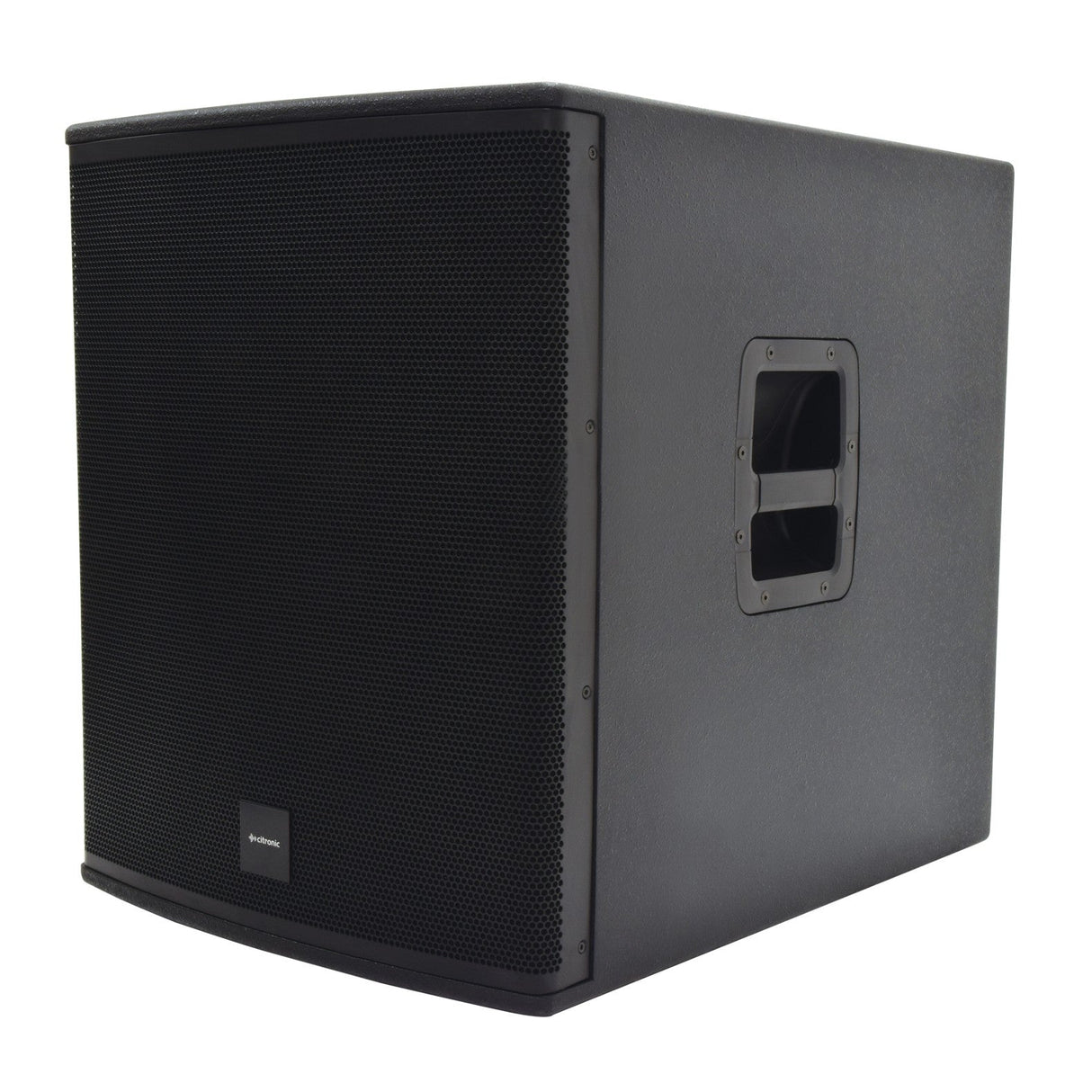 The Citronic CASA-18BA 18" Active Sub - 600W, in a sleek black finish, features a large grille and a side rectangular port for easy handling. Its minimalistic and sturdy design, powered by a class D amplifier, makes it perfect for professional sound system environments.