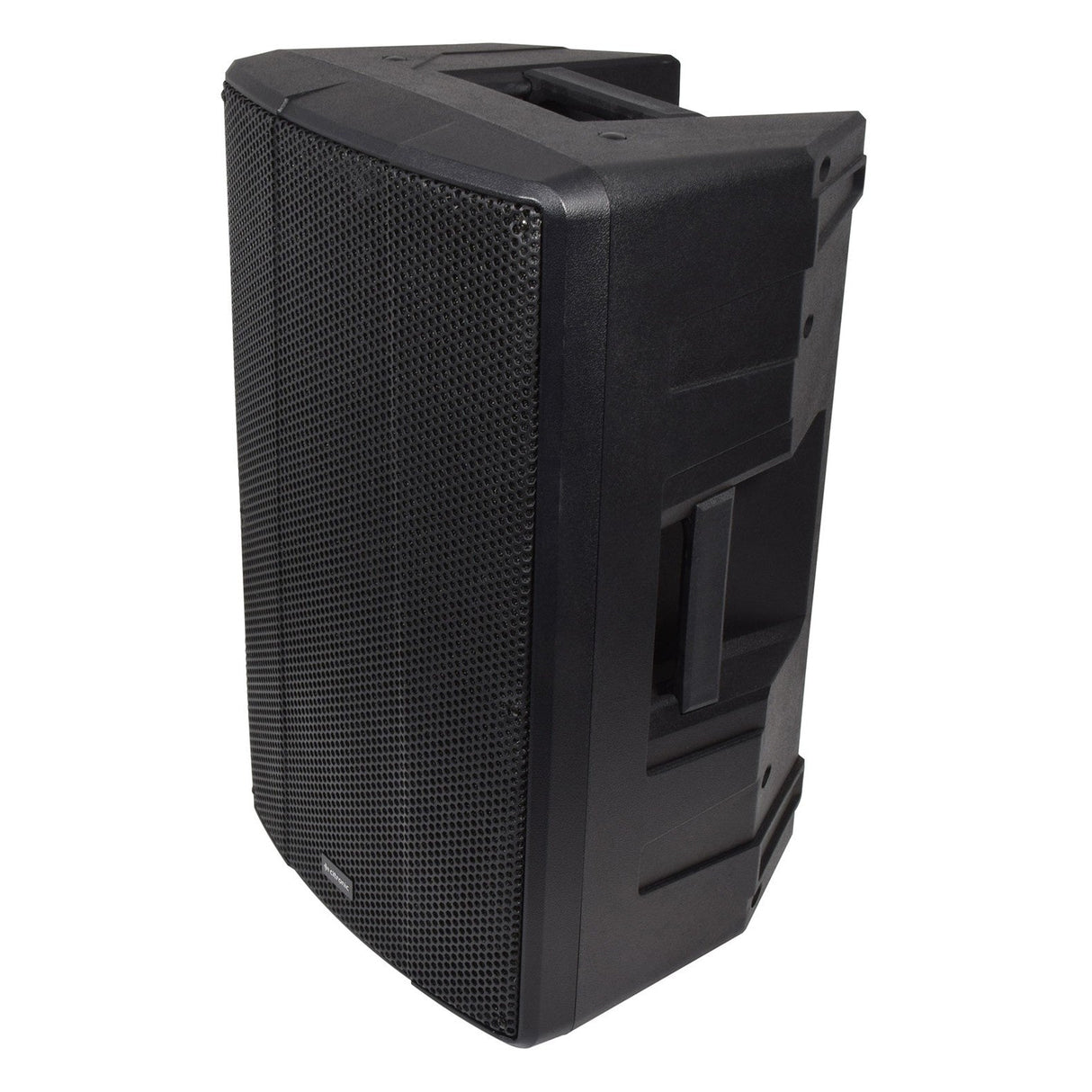 The Citronic CLARA-12A 12" Active HP Cabinet - 400W is a black, rectangular PA speaker featuring a mesh grille on the front, sturdy angular edges, and built-in handles for easy transport. Equipped with a class-D amplifier, this sound-reinforcement speaker ensures powerful performance.