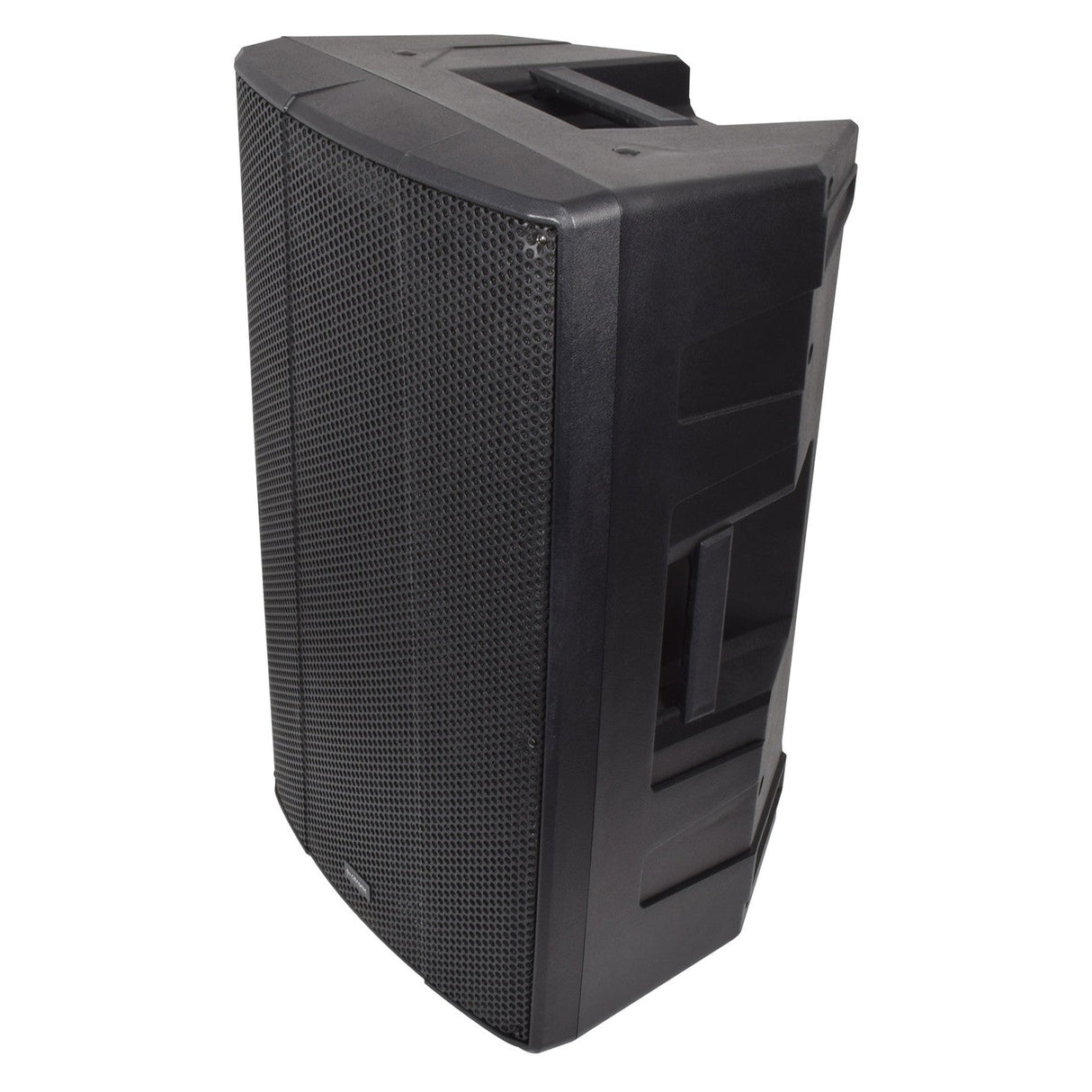 Introducing the Citronic CLARA-15A 15" Active HP Cabinet - 470W: a black, rectangular speaker with a mesh front and solid plastic casing, equipped with an integrated Bluetooth® receiver. This speaker stands upright with a slight tilt, highlighting its robust and portable design, ideal for amplified audio use.