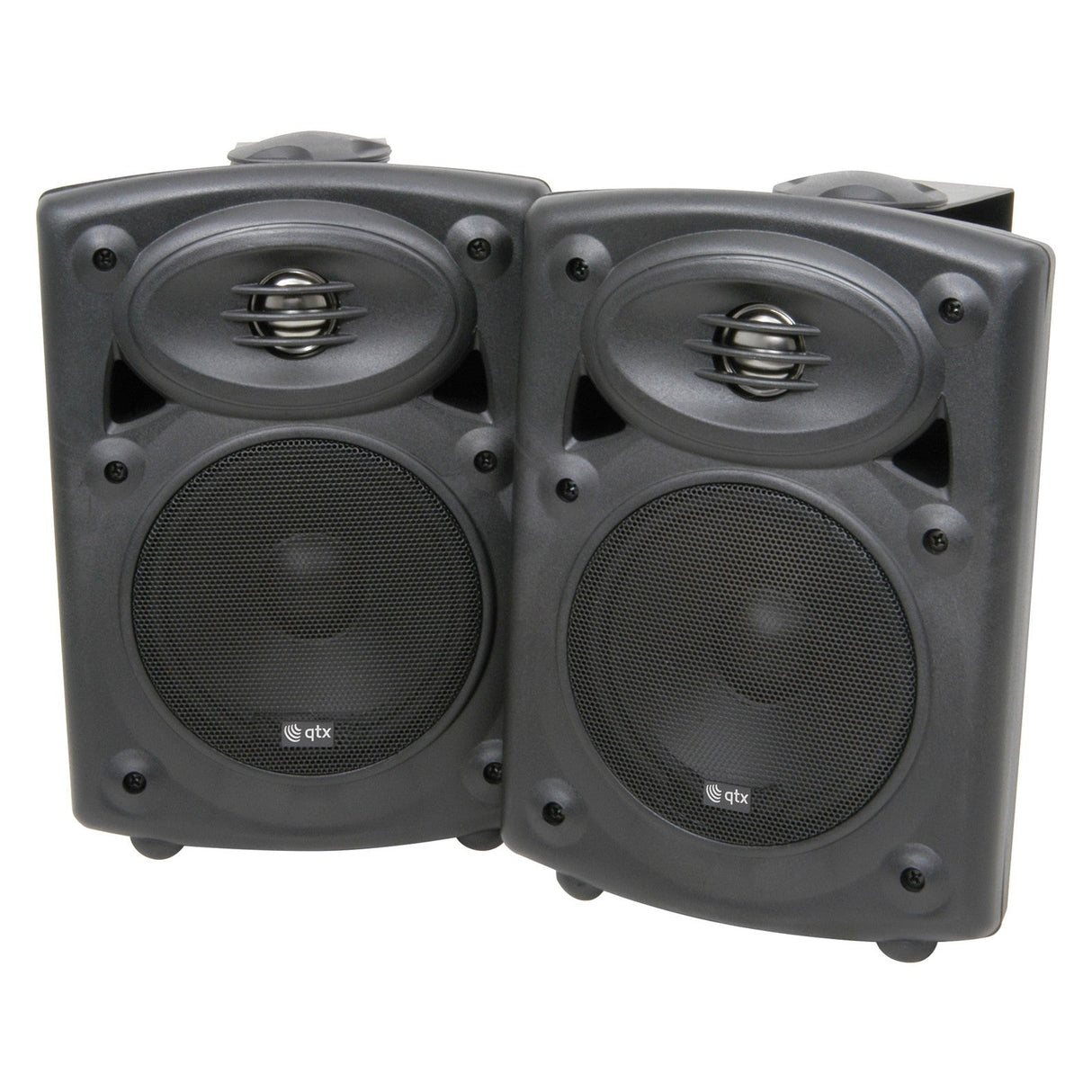 The QTX QR5B 5" 20W Active ABS Speakers in black, featuring rounded edges with a prominent central woofer and an upper tweeter, are DJ monitors perfectly positioned next to each other. Angled slightly inward, they deliver precise sound through their built-in amplifier.