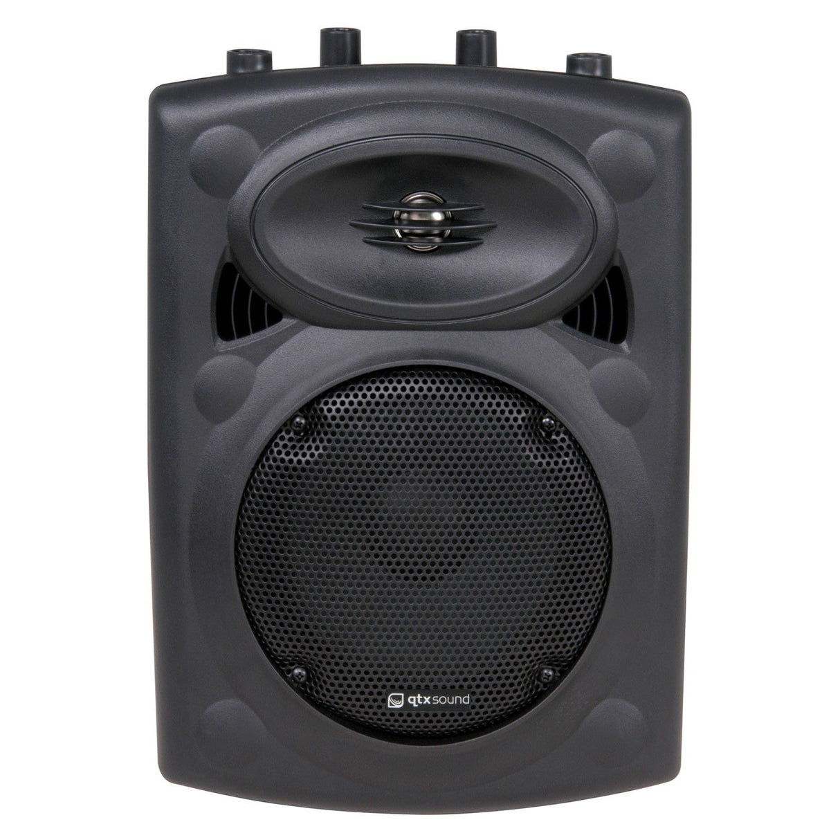 The QTX QR8 8" 200W Passive ABS Speaker - Black includes a front mesh grille and several control knobs on the top, complemented by a titanium compression driver. The design features a decorative element above the main speaker area, all encased in shockproof moulded enclosures to ensure durability.