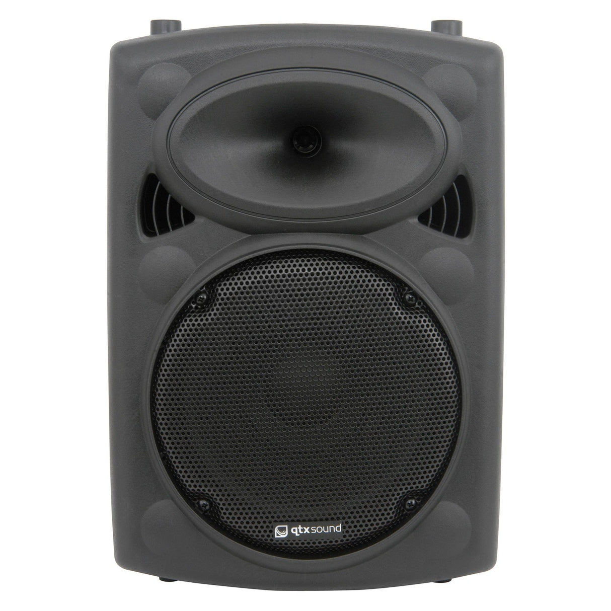 A black QTX QR10 10" 300W Passive ABS Speaker showcases a large circular grille at the bottom and a horn-shaped opening at the top. Its robust, rectangular design with slightly rounded edges is complemented by shockproof moulded enclosures for enhanced durability.