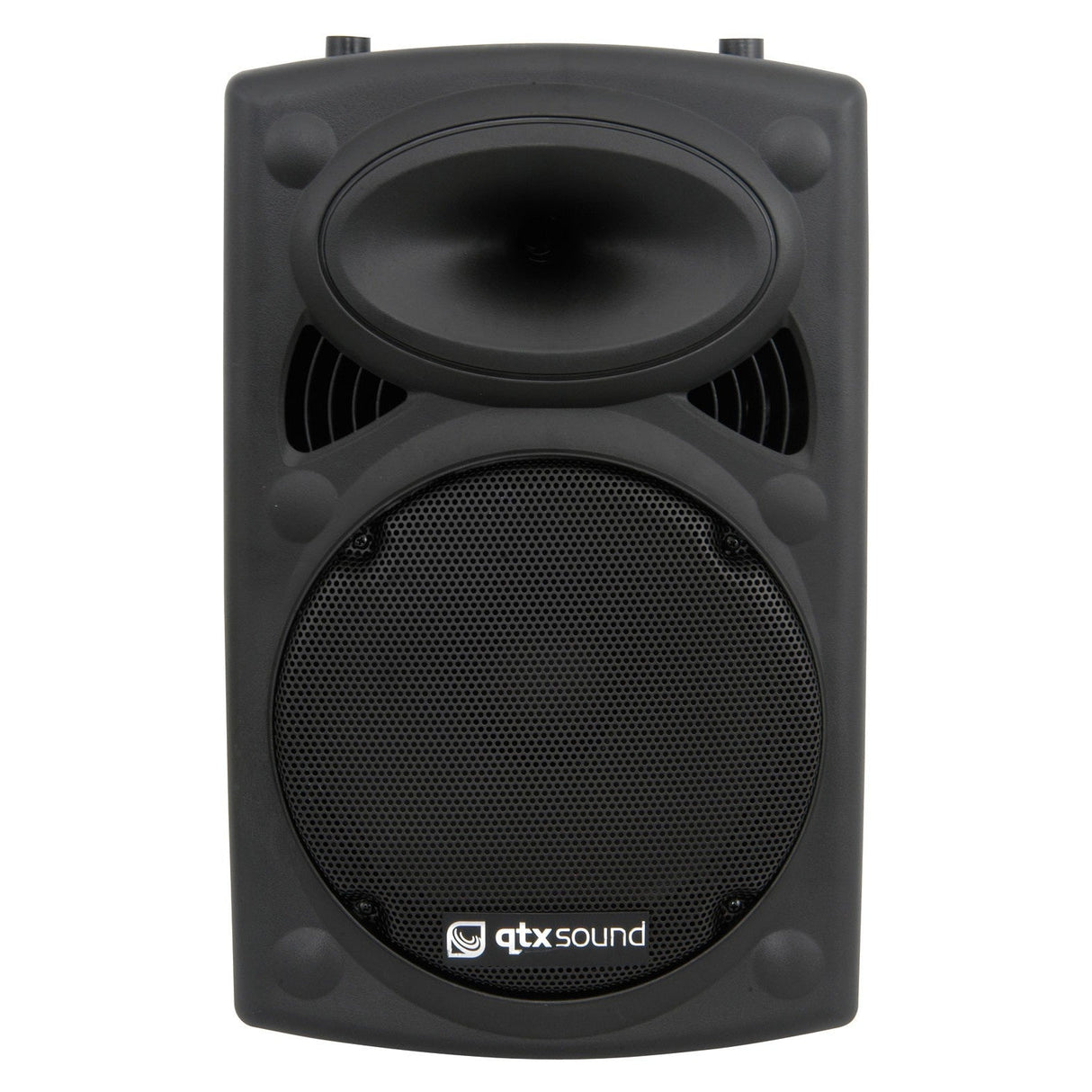The QTX QR12 12" 400W Passive ABS Speaker in black showcases a modern design featuring a titanium compression driver. It has a large circular grille with an oval-shaped tweeter positioned above it. Its lightweight cabinet enhances its stylish appearance, while the brand logo is prominently displayed at the bottom.