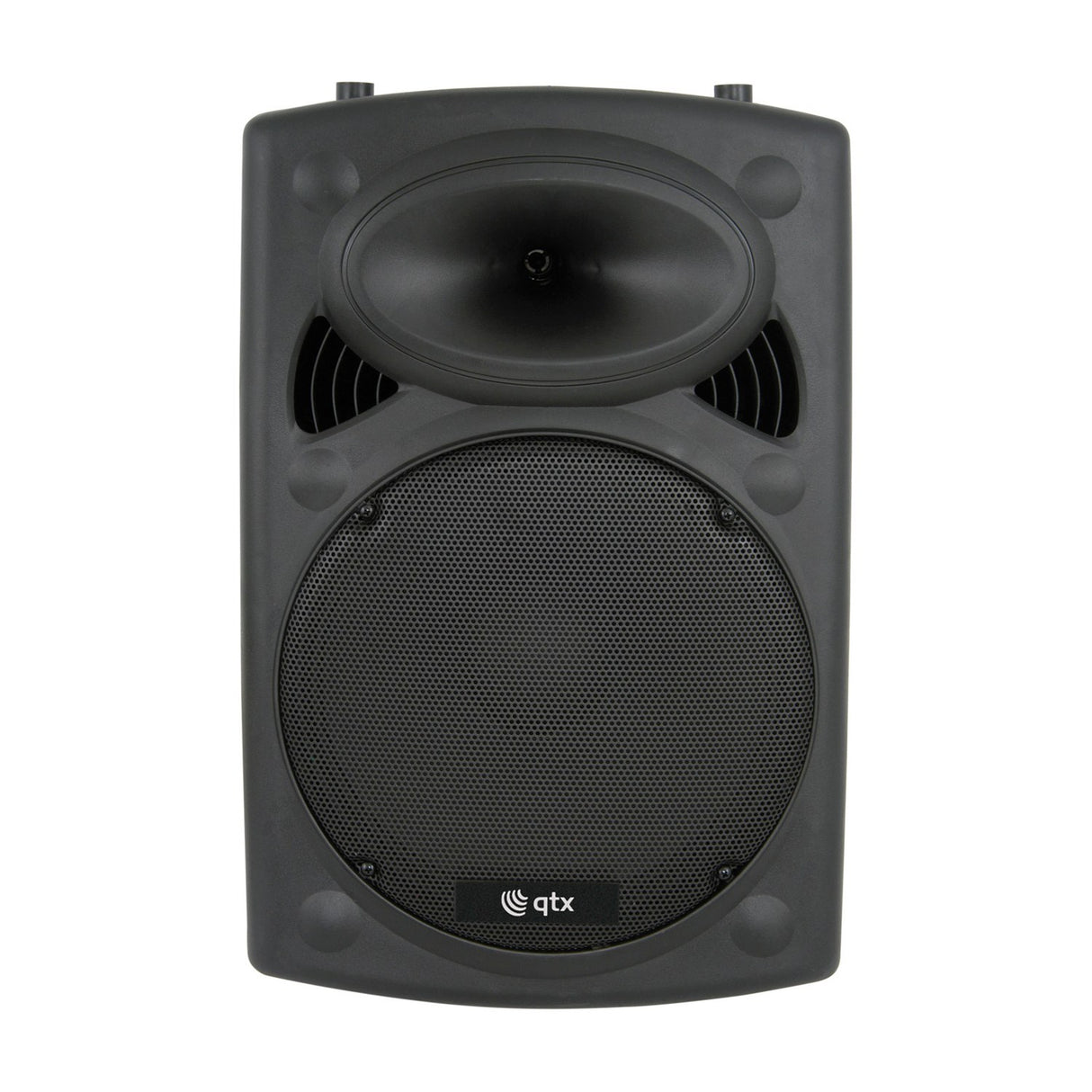 QTX QR15 passive 15in moulded PA speaker cabinet in black ABS with steel grille, top-mounted horn and carry handles, shown front-on.