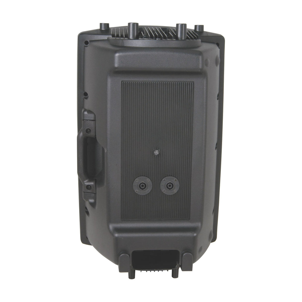 Rear view of the QTX QR15 passive 15in moulded PA speaker cabinet from AVSL, showing the ABS shell, side handle and twin Speakon connectors.