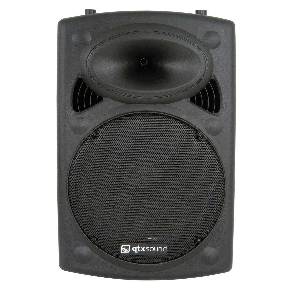 The QTX QR15 15" 500W Passive ABS Speaker - Black showcases a lightweight enclosure, complete with a front grille where the logo is prominently displayed at the bottom. This rectangular speaker, featuring rounded corners, includes an oval-shaped horn positioned above the main speaker cone, making it ideal for versatile sound reinforcement.
