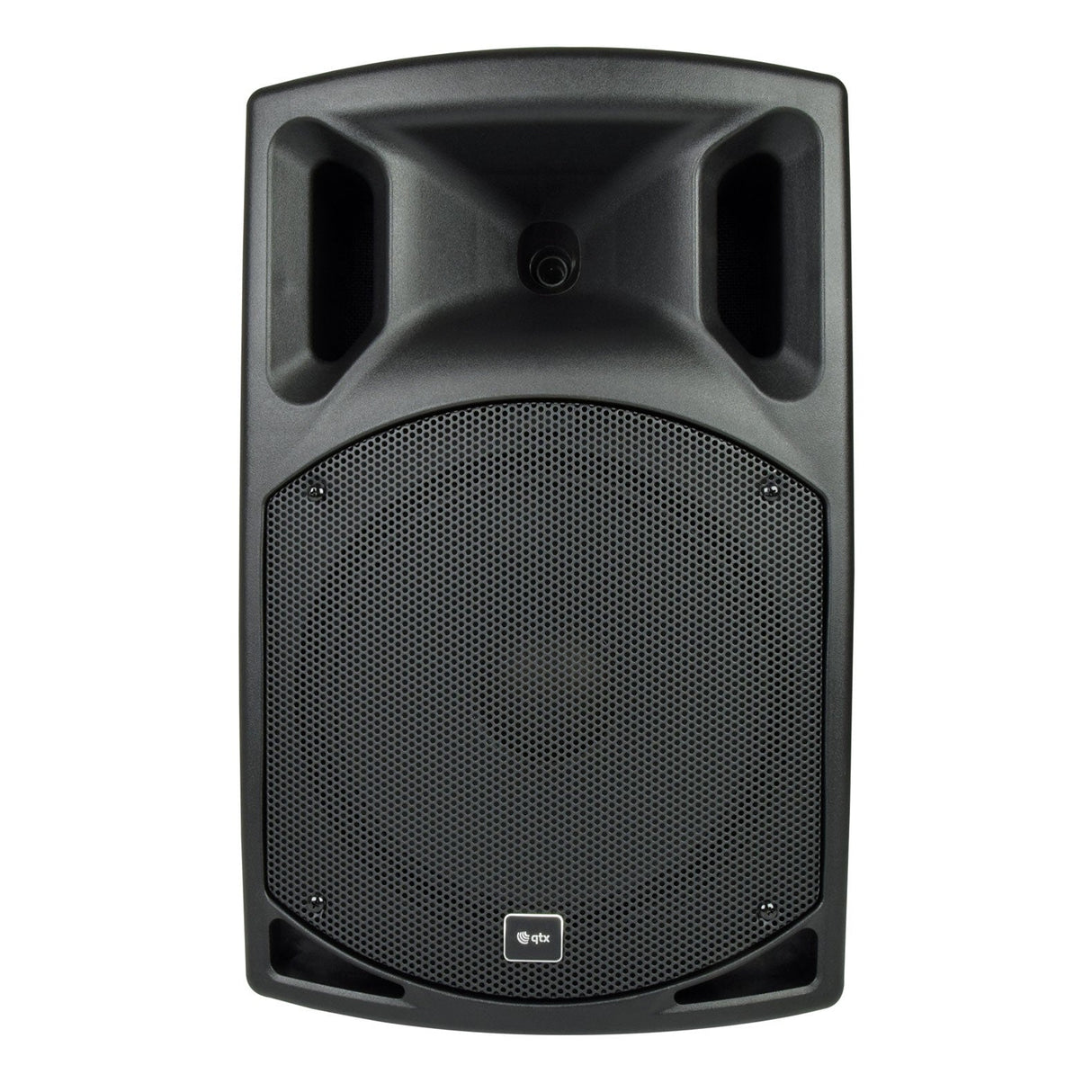 Introducing the QTX QX12 12" 400W Passive Speaker in black, offering efficient bass output with a sleek design. It features a round mesh grille on the front and two rectangular openings at the top. The speaker showcases durable cabinets and includes a small logo at the bottom center for added style.