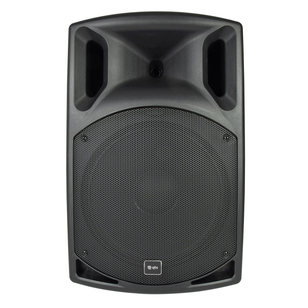 The QTX QX15 15" 500W Passive Speaker in black features a sleek design with a slightly curved front, reminiscent of high-end speaker cabinets. Its mesh grille with two bass ports at the top and a small logo at the bottom center provides excellent sound reinforcement.