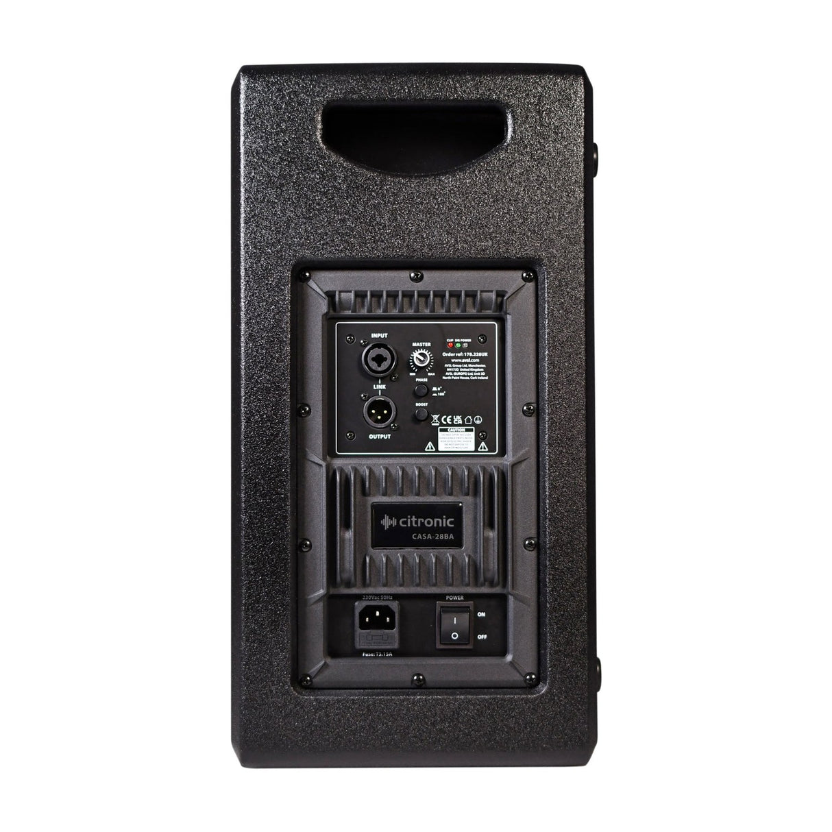 Rear view of the Citronic CASA-28BA active subwoofer showing carry handle, XLR input and output, master control, phase and boost switches, and IEC power inlet.