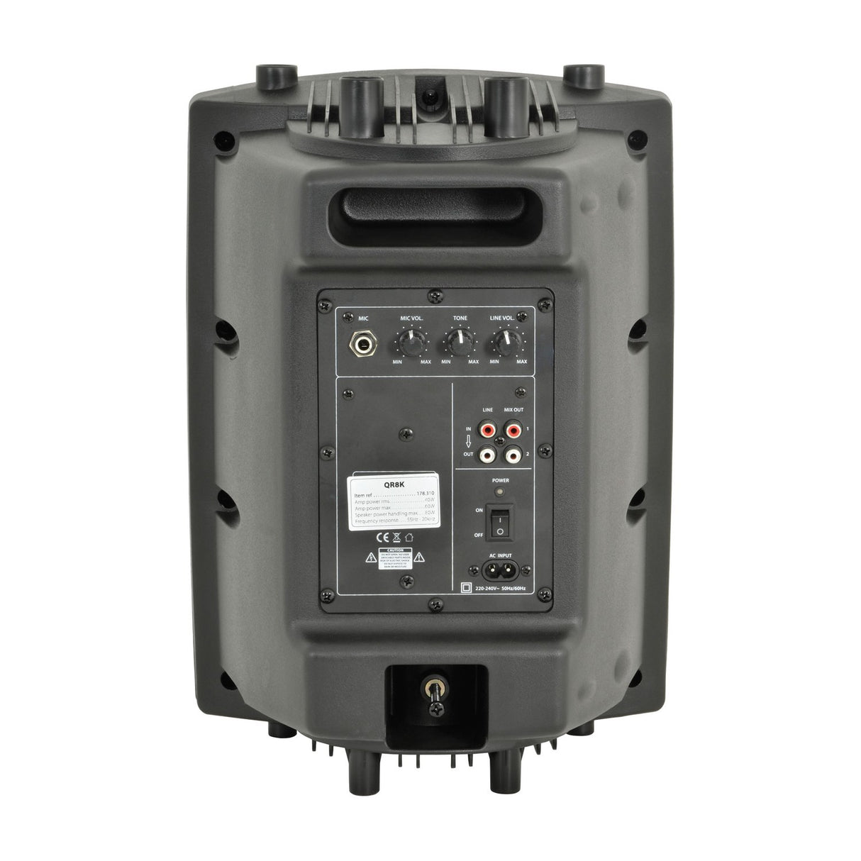 Rear view of QTX QR8K active PA speaker cabinet showing mic and line controls, RCA inputs and outputs, power switch, AC input and pole mount socket.