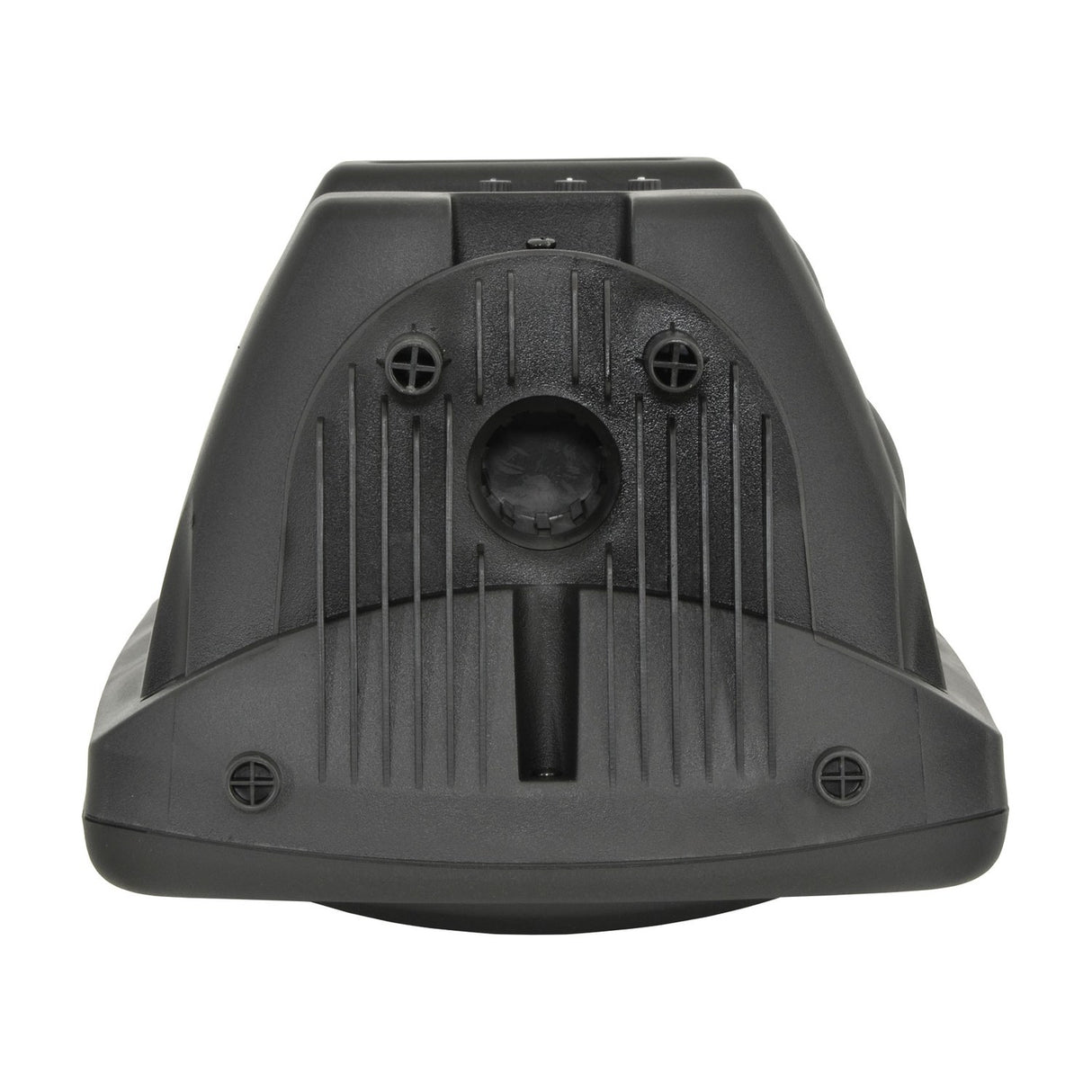Bottom view of the QTX QR8K active moulded PA speaker cabinet showing the 35mm pole mount socket, ribbed black enclosure and corner screws.