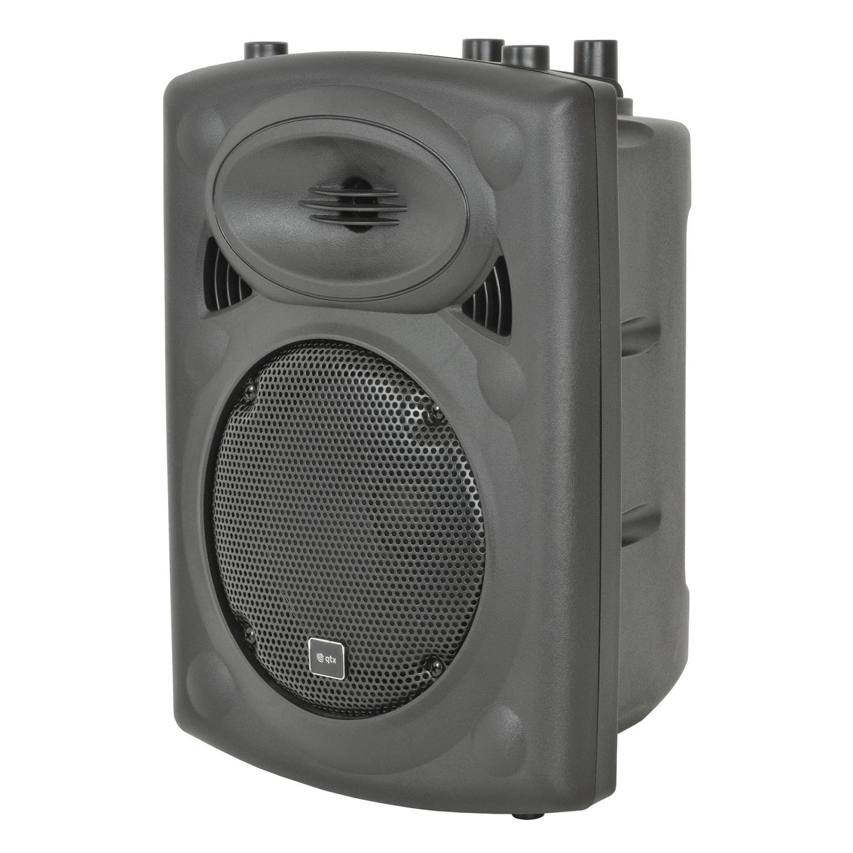 The QTX QR8K 8" Active Moulded Speaker Cabinet - 80W features a black design with a large circular speaker grille and multiple control knobs on top, including a built-in amplifier. Its robust, rounded design and textured surface make it ideal for karaoke setups or enhancing your audio experience.