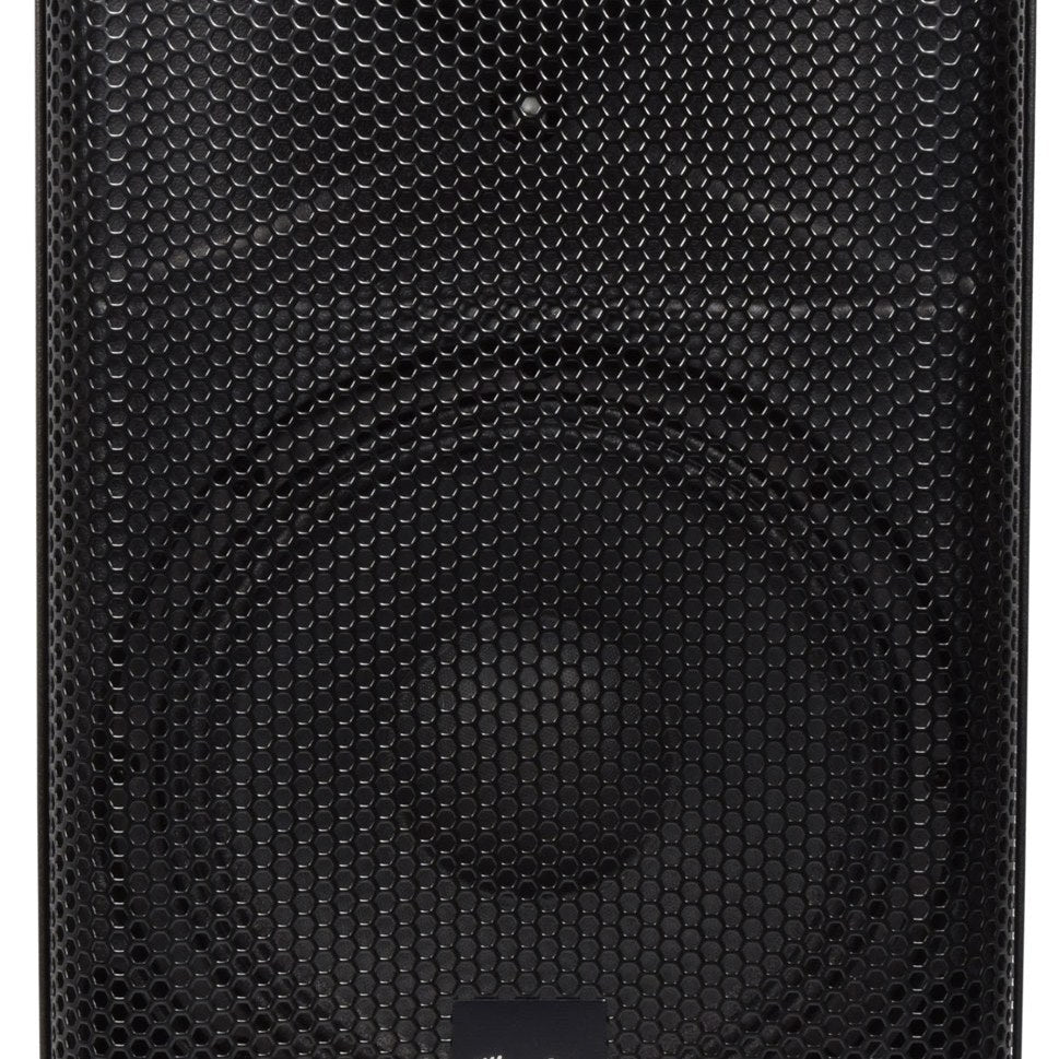 Close-up of the QTX QUEST-10 passive 2-way PA speaker cabinet by AVSL, showing the black hexagonal mesh grille over the woofer.