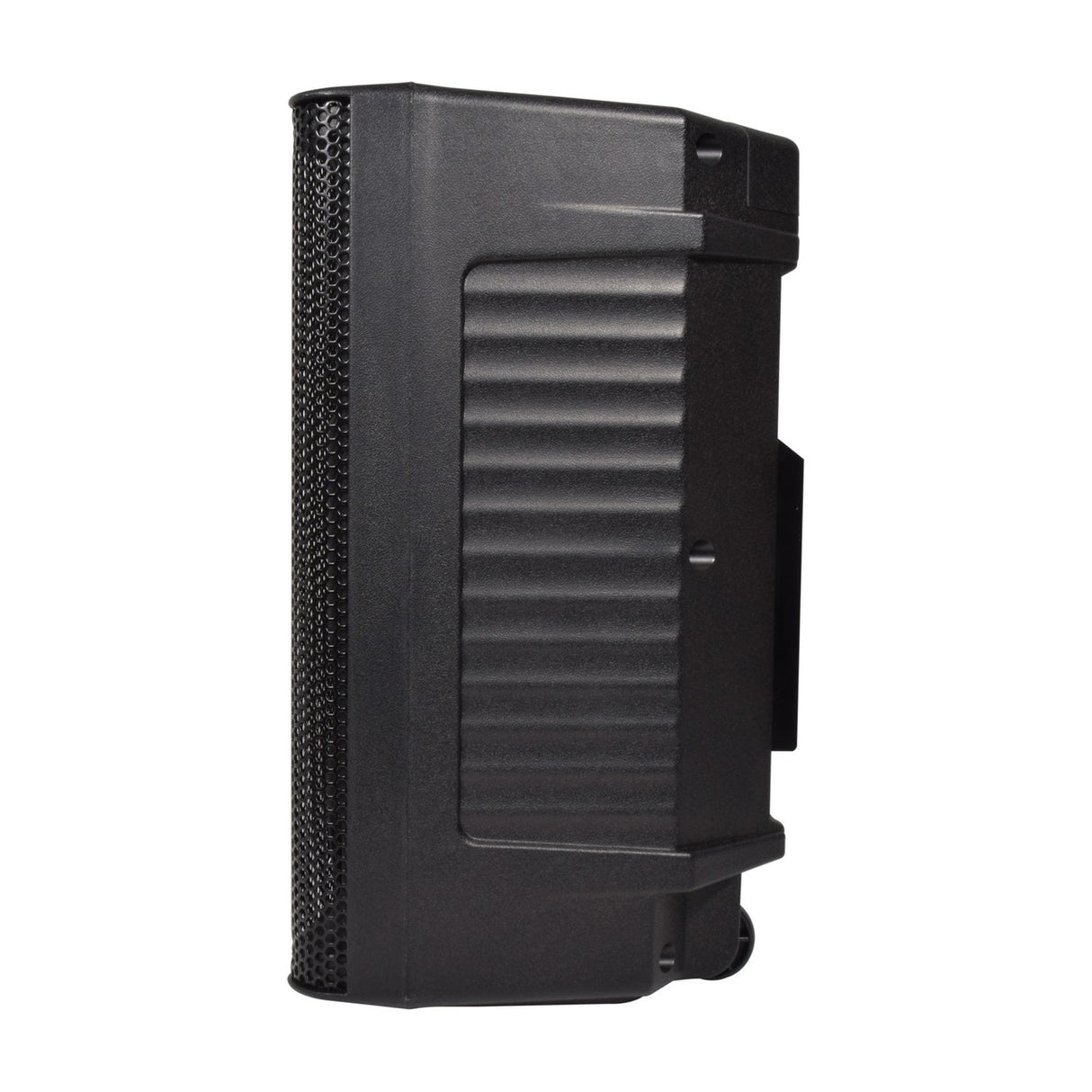 Side view of the QTX QUEST-10 passive 2-way PA speaker cabinet by AVSL, showing the ribbed moulded polypropylene side panel, rear trolley wheels and handle.