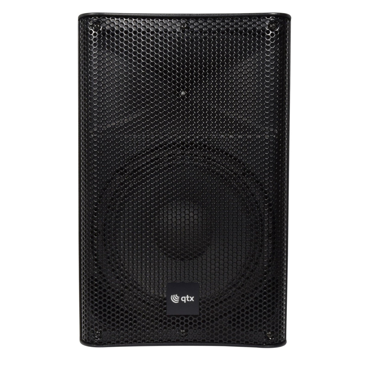 The QTX QUEST-10 10" Passive PA Cabinet - 180W is a black satellite speaker with a mesh front and the QTX logo at the bottom center. This PA speaker boasts a rectangular, slightly curved design, delivering both style and quality sound.