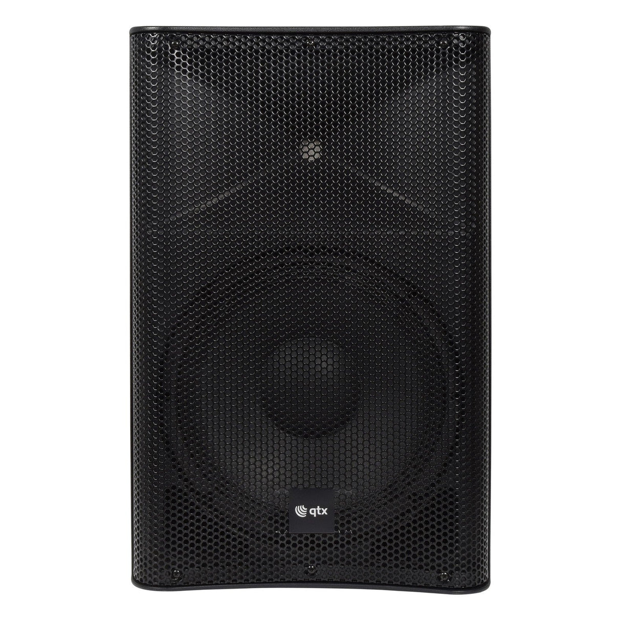A black QTX QUEST-12A 12" Active PA Cabinet, featuring a mesh grille and an inbuilt amplifier. The brand logo is prominently displayed at the bottom, and the speaker is set against a white background.