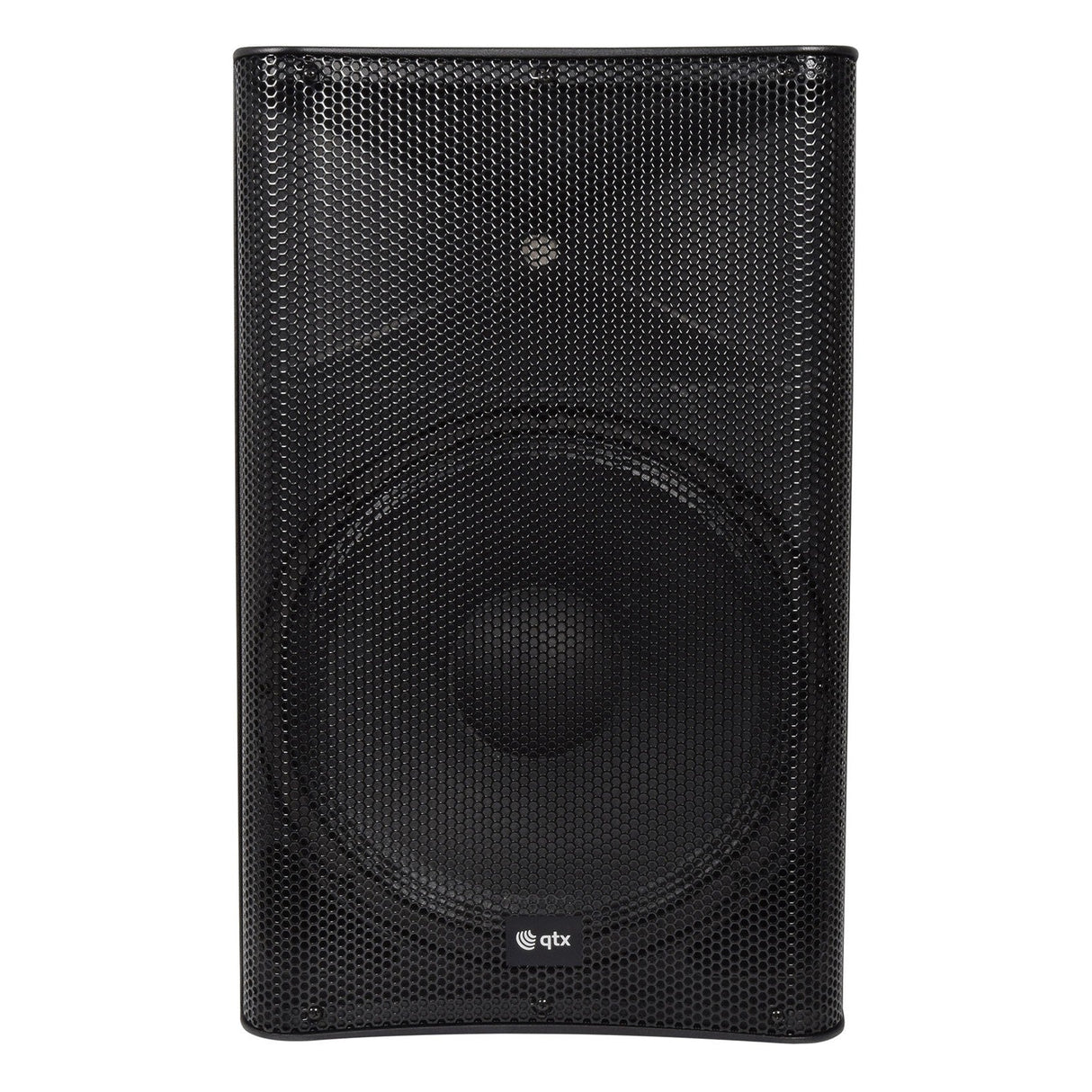 The QTX QUEST-15A 15" Active PA Cabinet - 220W is featured in black with a mesh grille, showcasing two key circular components for the woofer and tweeter. This sleek, modern speaker design includes a built-in amplifier and Bluetooth receiver, making it ideal for audio playback. The cabinet is also distinguished by its logo at the bottom.