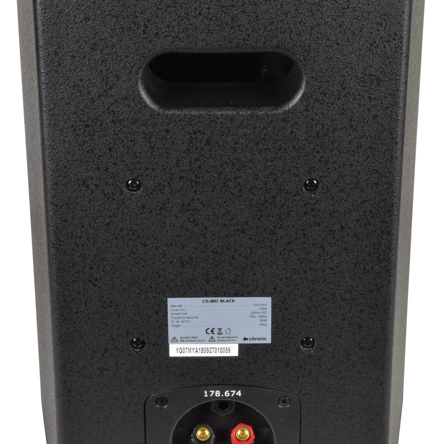 Rear view of Citronic CS-810B passive installation speaker in black textured finish, showing 6.35mm jack input, binding posts and specification label.
