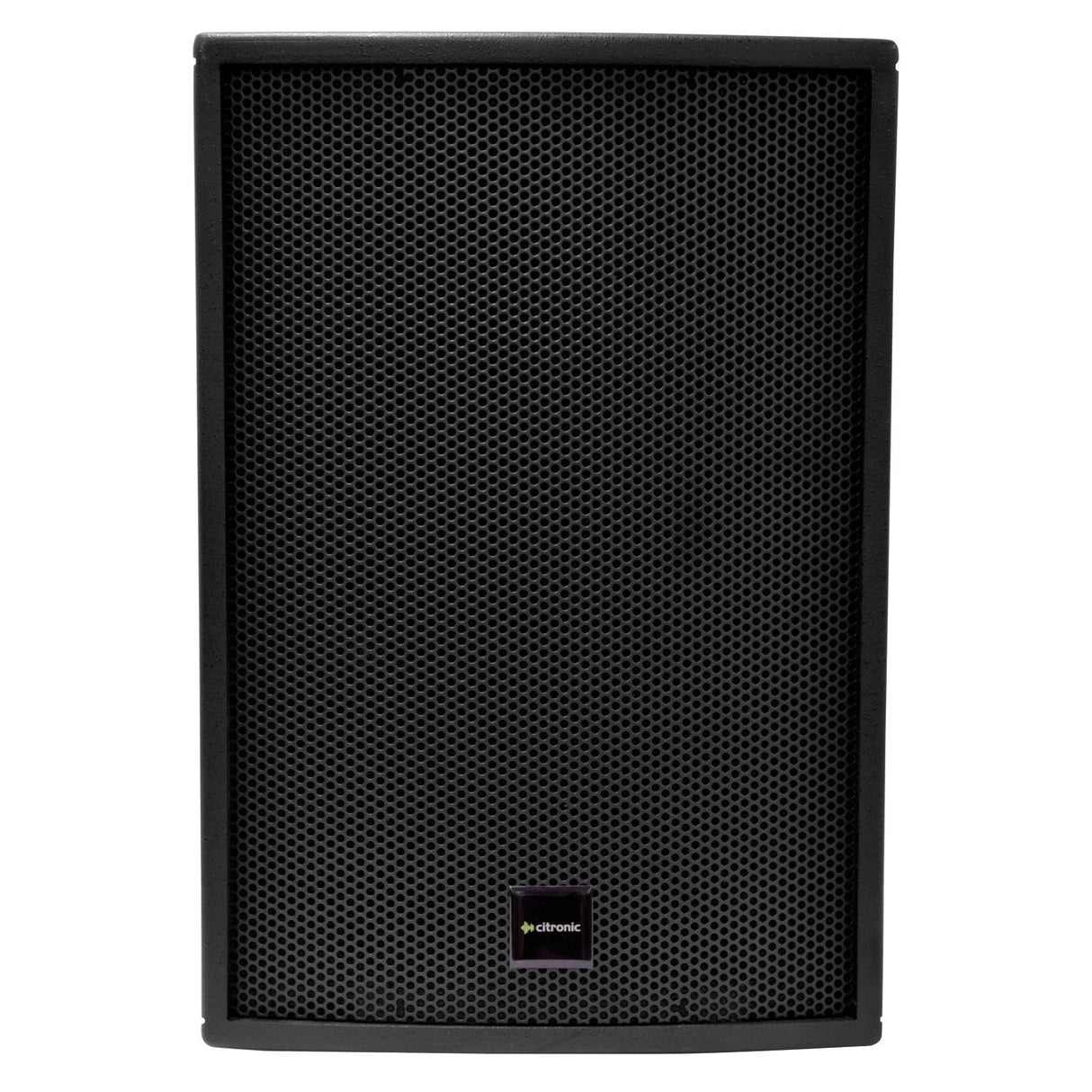 The Citronic CS-1035B 10" 350W Passive Speaker in black, featuring birch plywood cabinets for durability, comes with a rectangular design, a mesh front cover, and a small colorful logo at the bottom center.