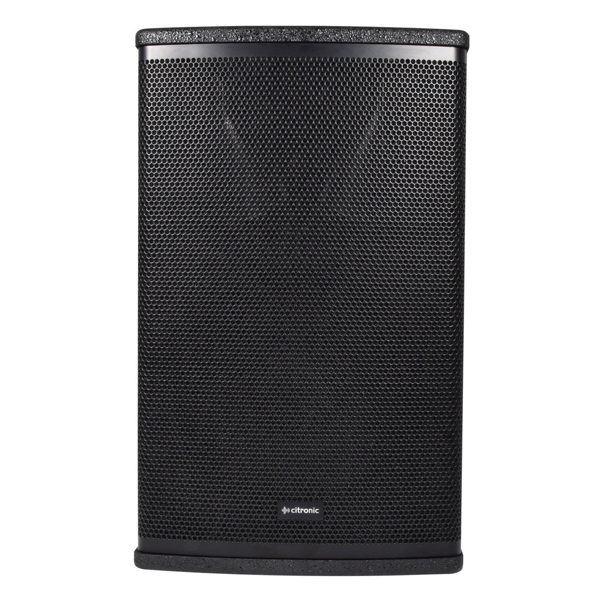 The Citronic CUBA-10 10" Passive Full-Range Cabinet - 270W is a black, rectangular speaker with a perforated metal grille at the front, showcasing a small company logo near the bottom center. It has a slightly textured surface and rounded edges, designed for effective sound reinforcement with high power-handling capabilities.