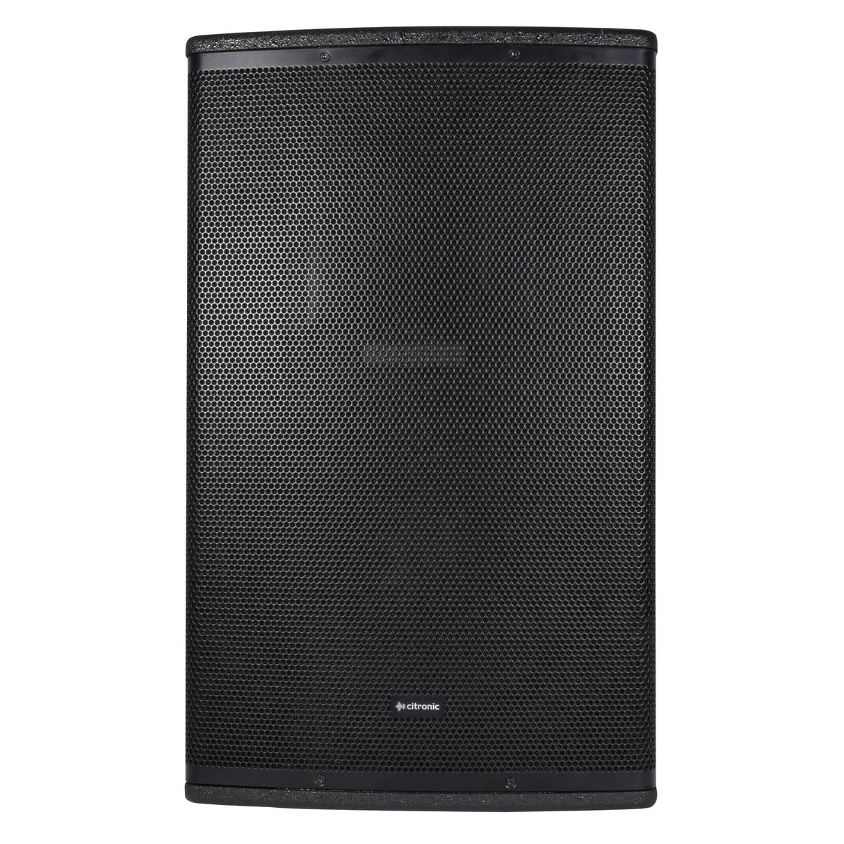 The Citronic CUBA-12A 12" Active Full-Range Cabinet - 400W is a large black speaker featuring a perforated front grille and discreet branding near the bottom. It includes a built-in Bluetooth receiver, and its rectangular design with slightly rounded corners makes it an ideal addition to any setup.