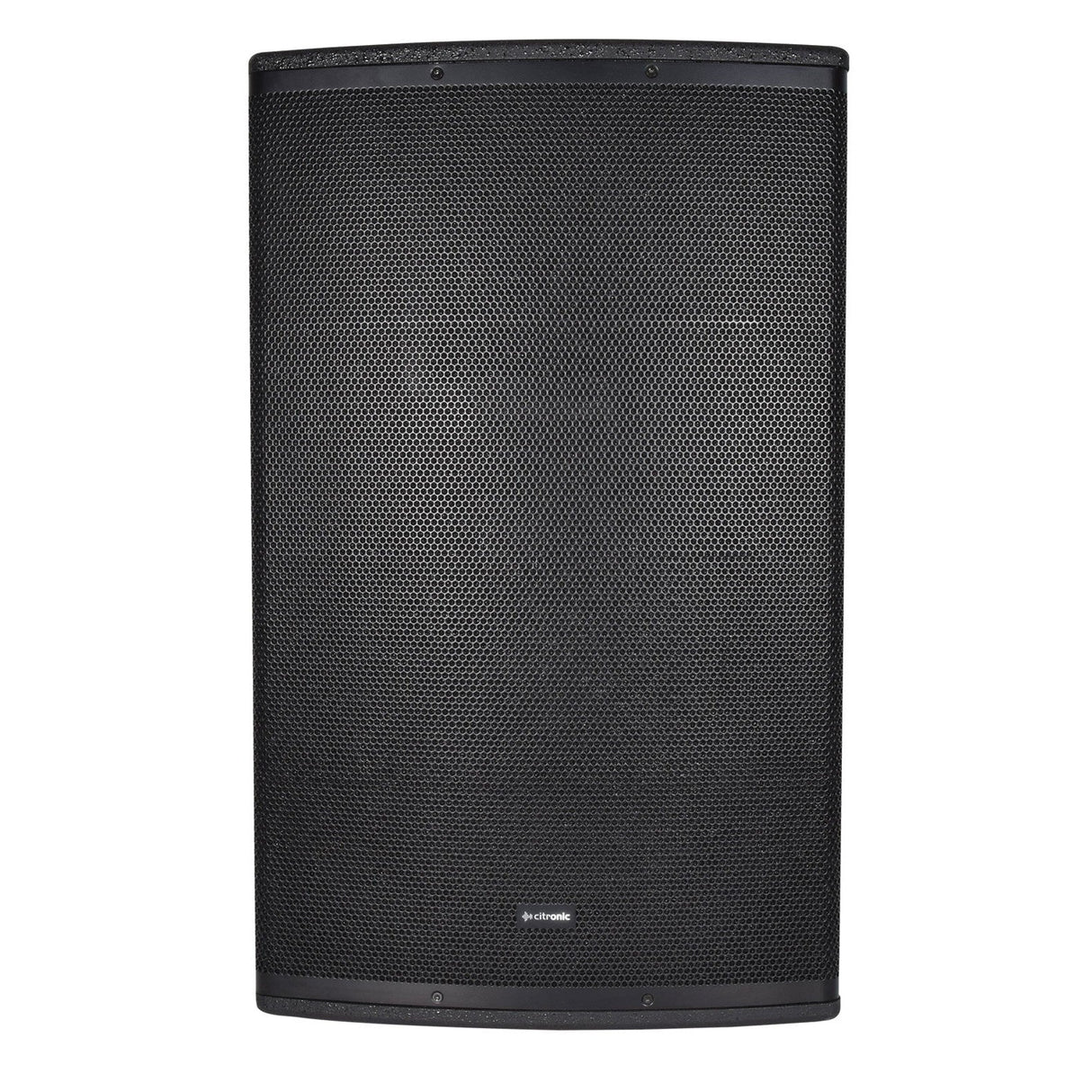 The Citronic CUBA-15 15" Passive Full-Range Cabinet - 450W is a large black speaker with a mesh grille, highlighted by a small rectangular branding label at the bottom center. Designed for high power sound reinforcement, this modern speaker, set against a plain white background, also features a titanium diaphragm for clear audio performance.