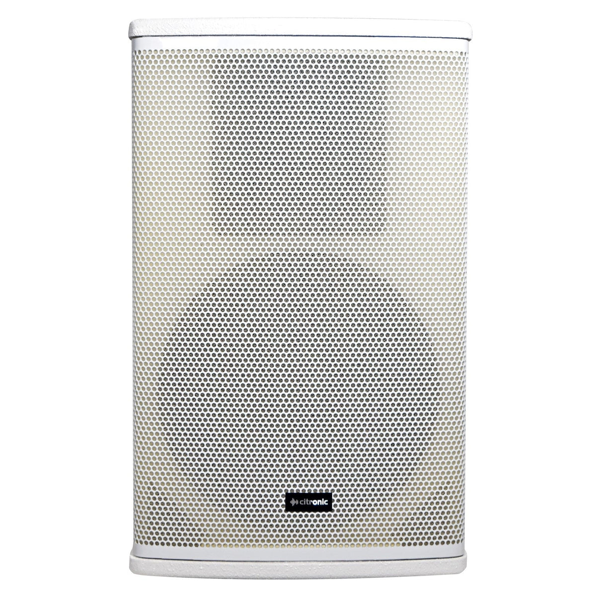 The Citronic CUBA-10A 10" 540W Active Full-Range Cabinet Speaker in white showcases a rectangular design with a perforated metal grille and a subtle logo positioned at the bottom center. Its sleek and modern aesthetic is complemented by an integrated Bluetooth receiver, providing both style and advanced connectivity for seamless audio experiences.