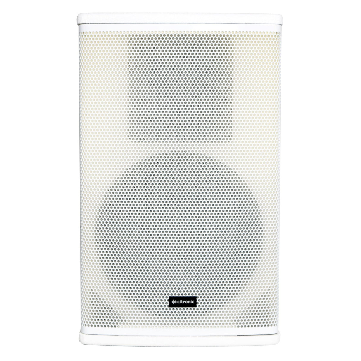 The Citronic CUBA-10W 10" 540W Passive Full-Range Cabinet Speaker in white showcases a minimalist design with a perforated grille, accented by a black hexagonal logo near the bottom center. This rectangular electronic speaker features both large and small circular components, along with a high power-handling driver that enhances its superior sound reinforcement capabilities.