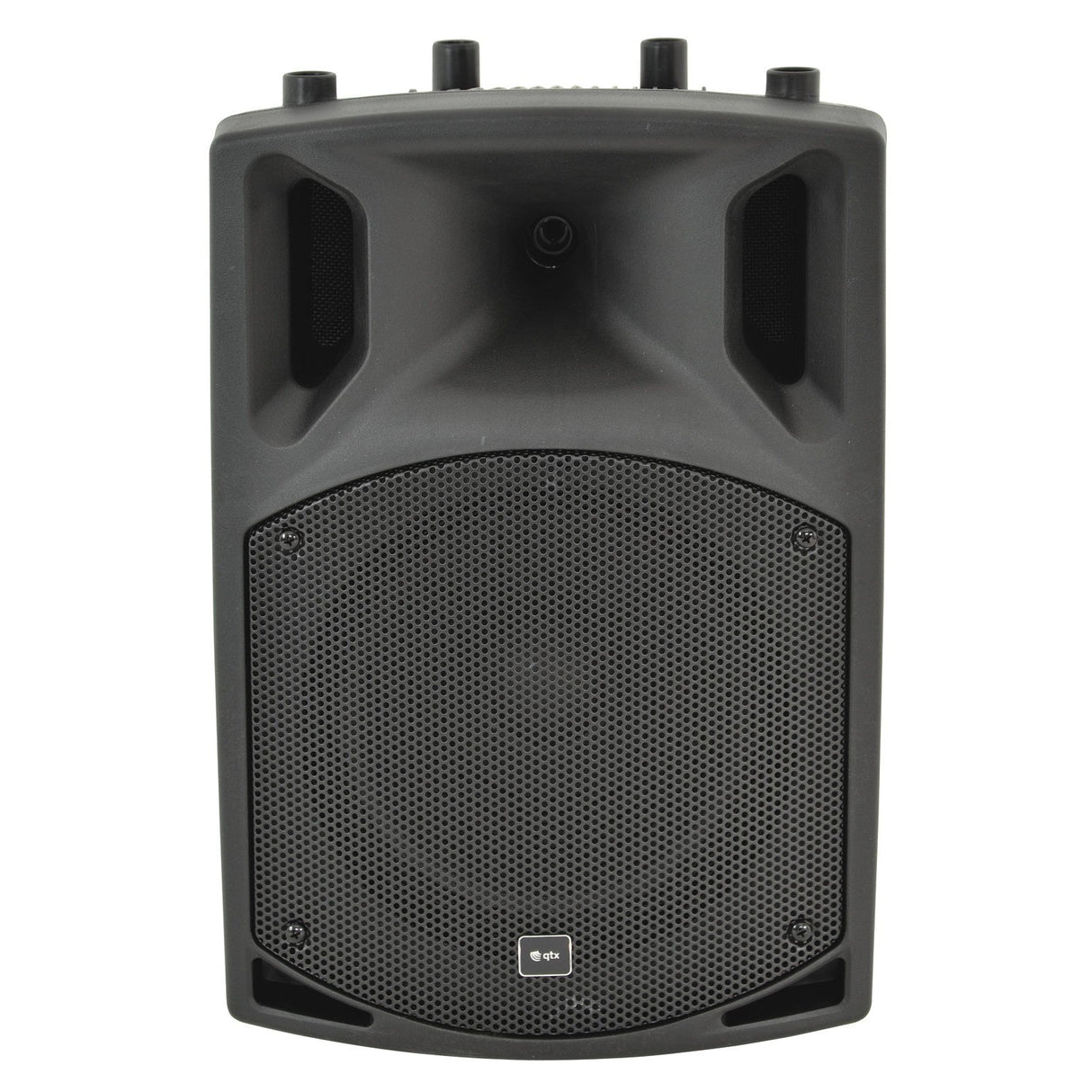 The QTX QX10BT 10" 300W Active Speaker in black showcases a sleek, modern design with a large front grille and control knobs on top. Equipped with Bluetooth connectivity and a built-in amplifier, it's ideal for various audio amplification needs.