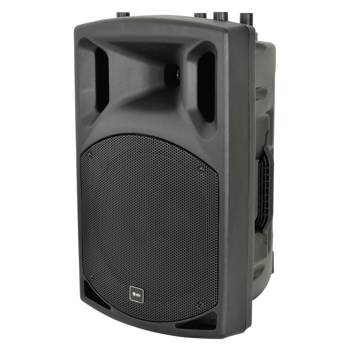 The QTX QX12A 12" Active Speaker Cabinet - 200W features a sleek black design with a rounded front grille and convenient control knobs on top. Equipped with side handles for effortless transport, this active PA speaker system includes a titanium compression driver and built-in mixer amplifier to deliver enhanced audio performance.