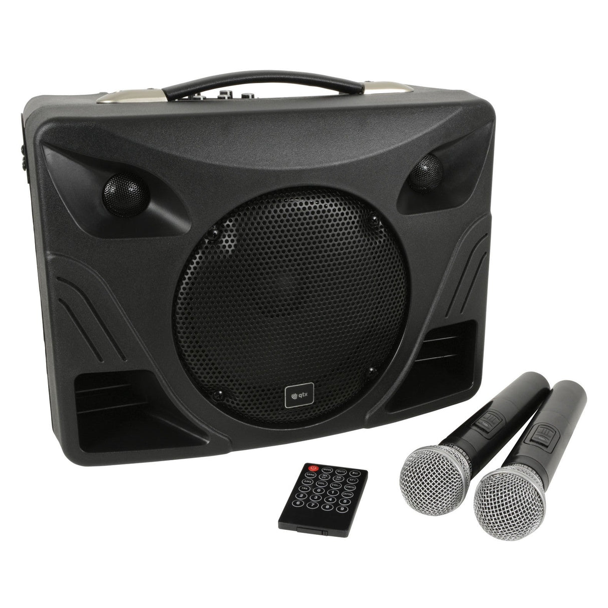 The QTX DELTA-50 Portable PA is a stylish black device equipped with a Bluetooth receiver, featuring a large central speaker, two microphones, and a compact remote control at the front. Designed for easy transport and convenience, it includes a top handle and a rechargeable battery.