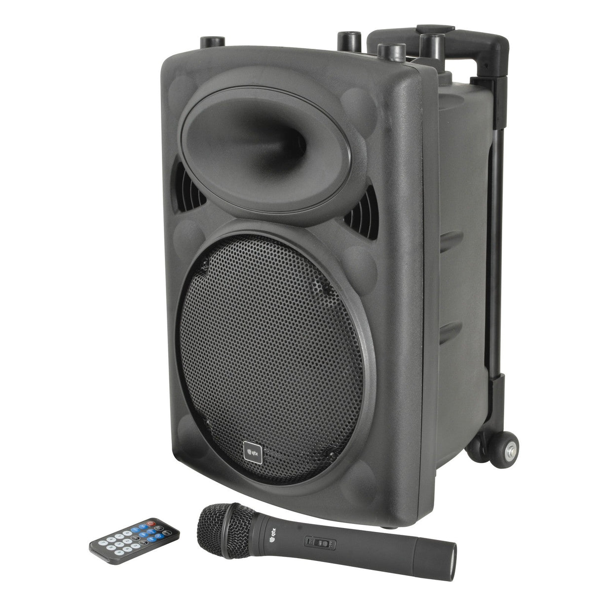 The QTX QR10PABT Portable PA With Bluetooth, in sleek black, includes VHF handheld wireless microphones and a remote control. It features a built-in amplifier for crisp sound and has wheels and a handle for easy transport.
