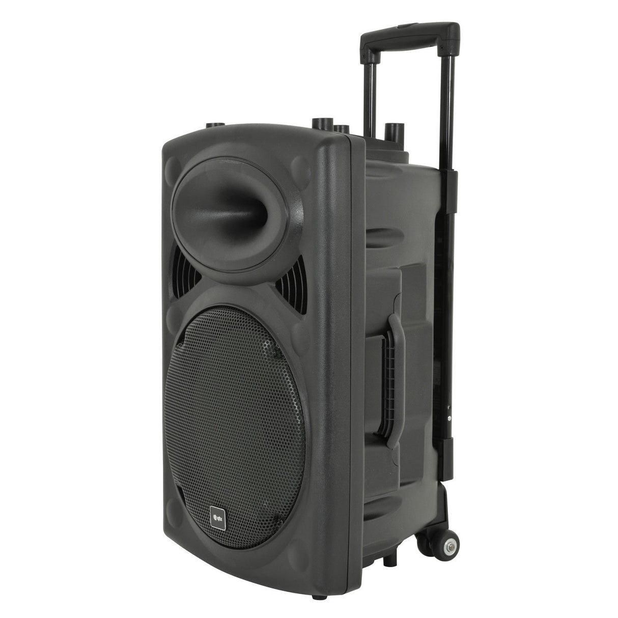 Introducing the QTX QR12PA Portable PA 12" unit in black, featuring a pull-out handle and wheels for easy transport. It includes a large front grille, multiple control knobs on top, an internal media player, and compatibility with VHF wireless microphones.