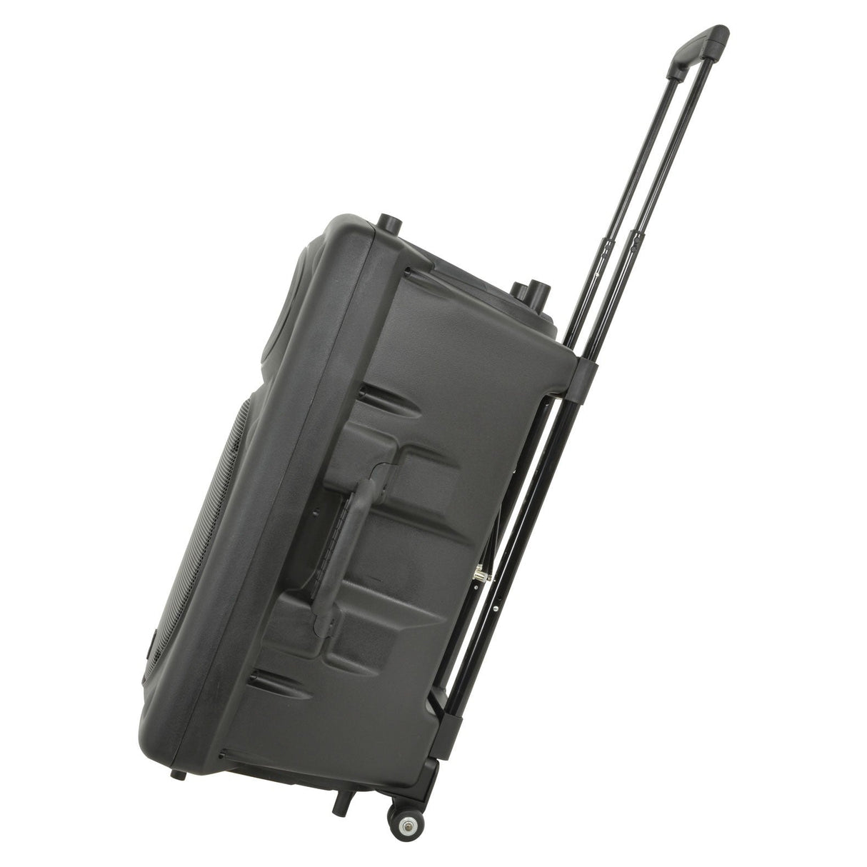 The QTX QR15PA Portable PA 15" is a black rolling suitcase with an extended handle, depicted in profile, resting on two wheels. This hard shell design includes molded details for enhanced durability and discreetly houses a portable PA unit, featuring an internal media player and VHF wireless microphones.
