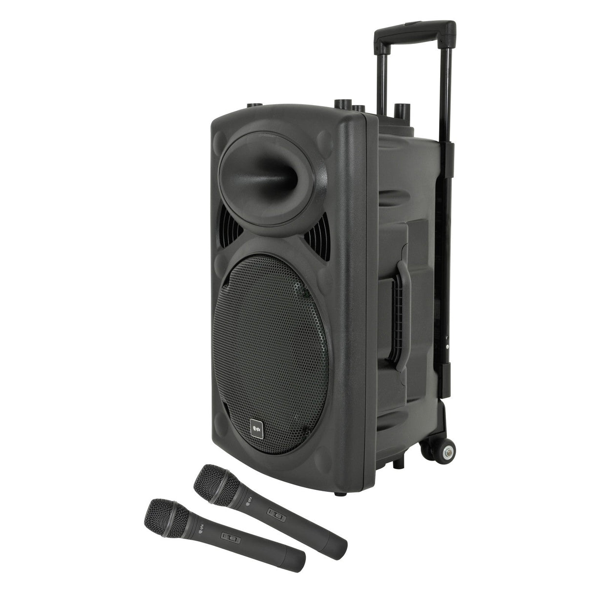 The QTX QR12PABT Portable PA With Bluetooth is featured with a large front grille and top control panel, complete with two wireless microphones, making it perfect for events or karaoke. This sound system, set on wheels for easy movement, is powered by a rechargeable battery to ensure unparalleled convenience and mobility.