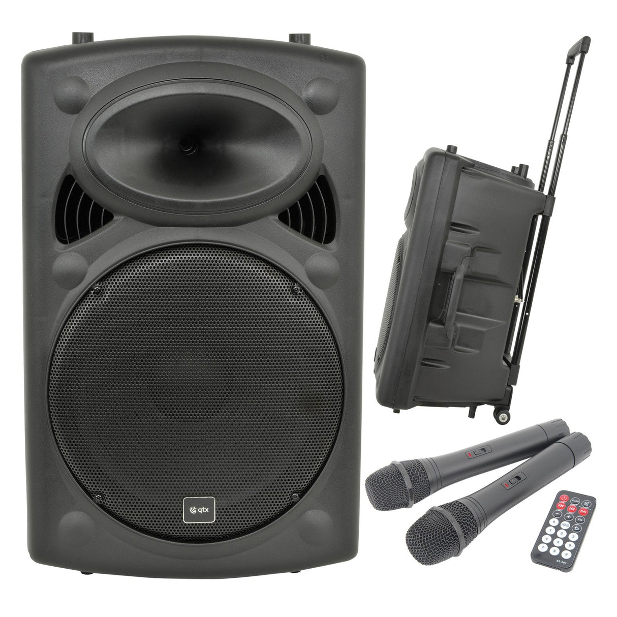 The QTX QR15PABT Portable PA with Bluetooth boasts a large black speaker, two wireless microphones, and a remote control. It features a rechargeable battery and is designed with handles and wheels for effortless transport.