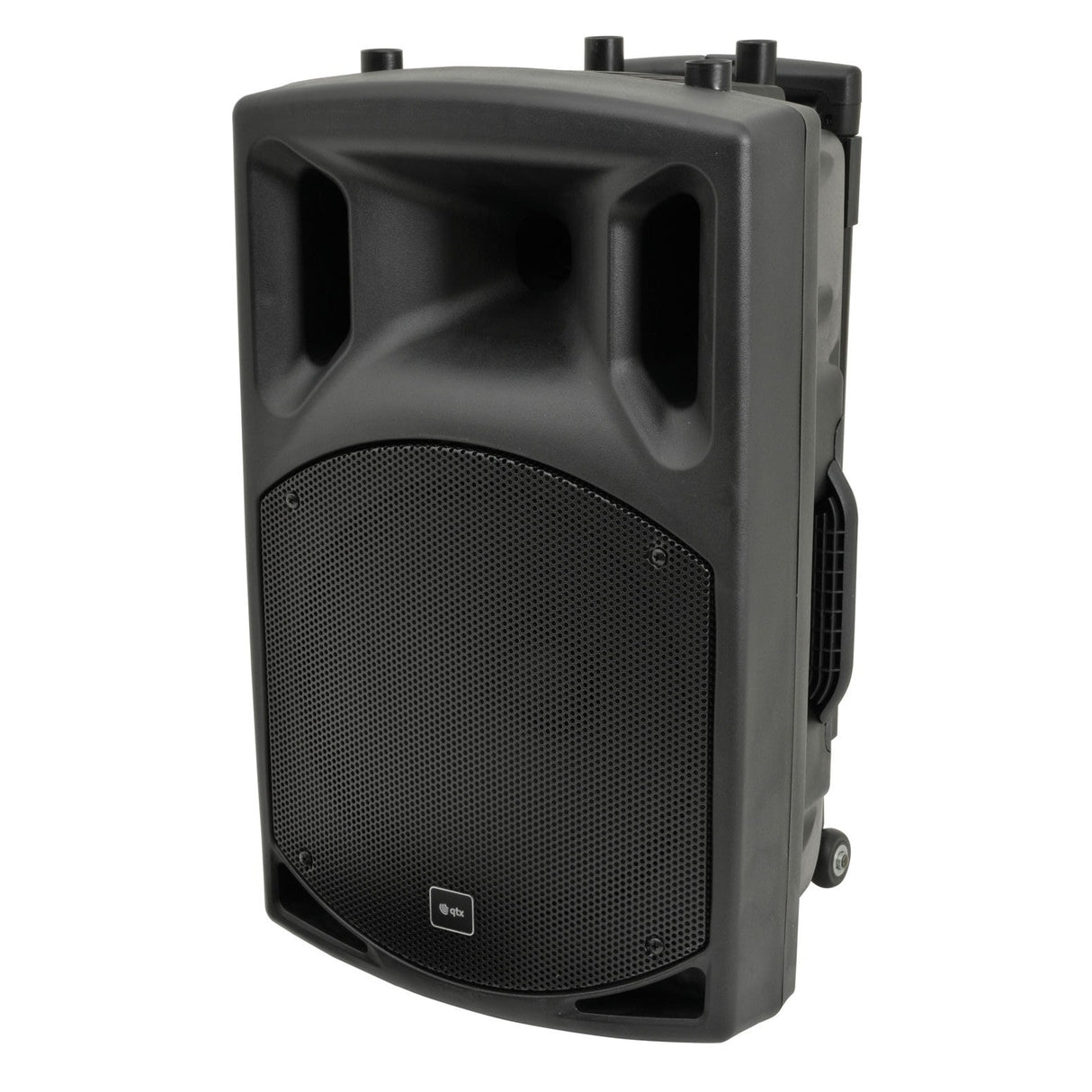 The QTX QX12PA Portable PA Unit offers Bluetooth connectivity and features a black, rectangular design with two carrying handles on top and wheels at the bottom for easy transportation. It has a large mesh grille on the front, ensuring robust and durable construction, ideal for use with wireless microphones.