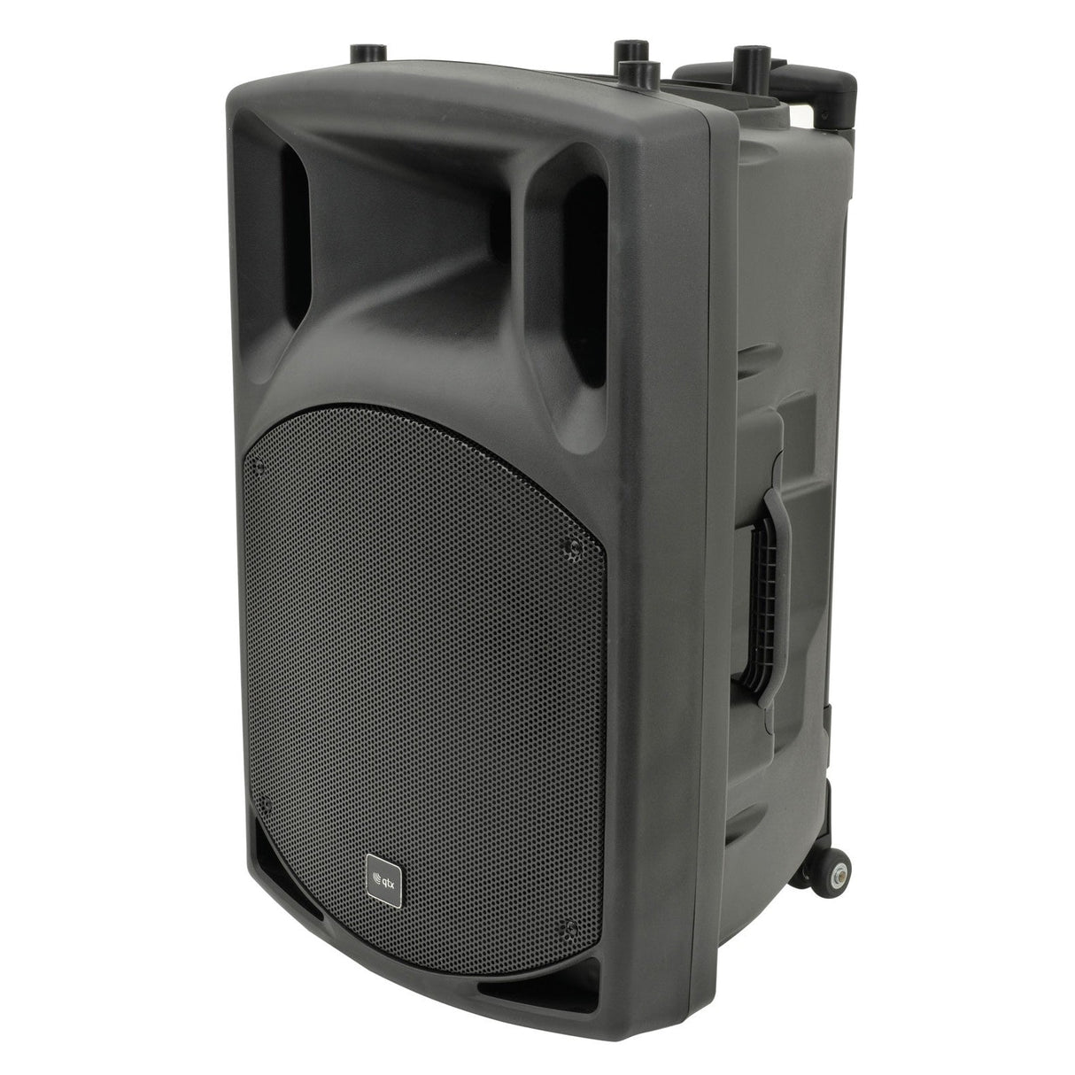 The QTX QX15PA Portable PA Unit features a sleek black design with wheels, a large mesh grille, and Bluetooth connectivity. It includes a sturdy handle for easy transport and control knobs on top. Additionally, it comes equipped with VHF wireless microphones to enhance its functionality as a compact PA system.