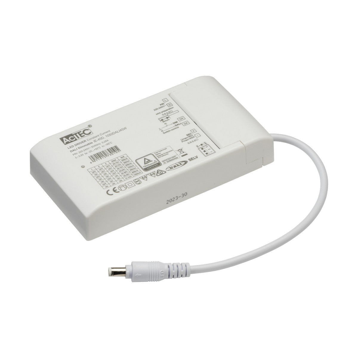 The 45W Adjustable Constant Current DALI2 Driver is a white rectangular electronic device with printed specifications on its surface, featuring a connected cable with a plug. It offers overload protection and has labeled warnings and certification symbols, while the Knightsbridge commercial LED luminaires brand name is displayed in the top left corner.