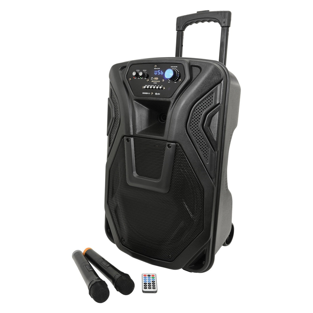 Introducing the QTX Busker-12 PA, a portable sound system designed for mobility with wheels and a handle. It features a user-friendly control panel with buttons and a display screen. This unit comes with two wireless VHF microphones and includes a compact remote control. Additionally, it is equipped with a rechargeable battery to ensure effortless transport and operation.
