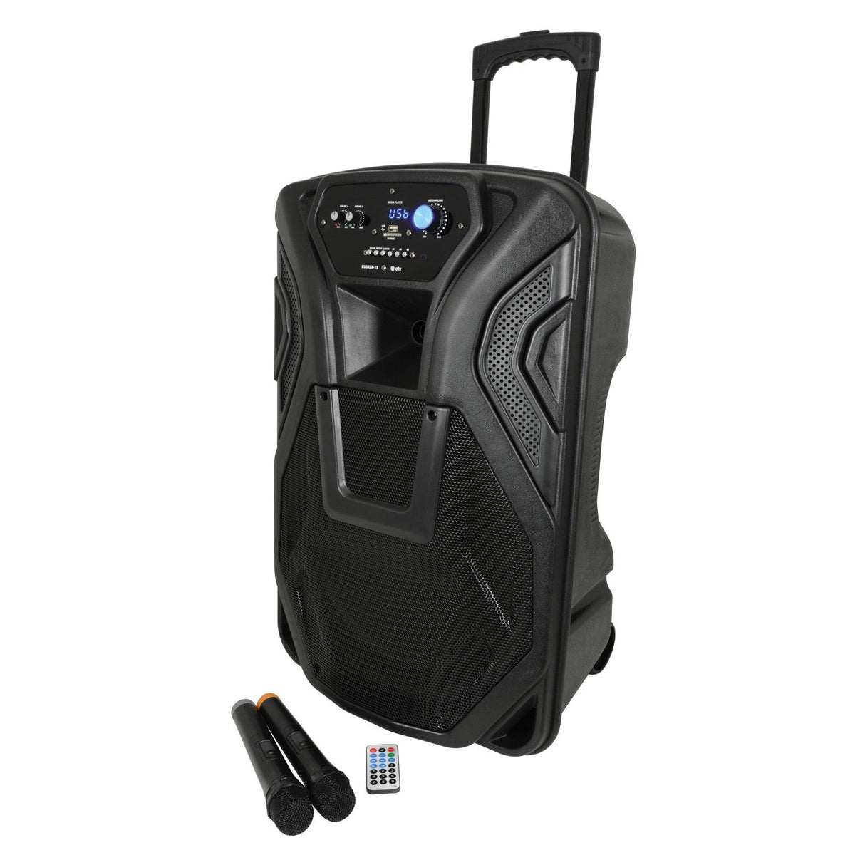 The QTX Busker-15 PA system, equipped with wheels and a handle for easy transport, is displayed with a control panel featuring buttons and a display. It comes with VHF microphones, a remote control, and operates on a rechargeable battery to ensure seamless mobility.