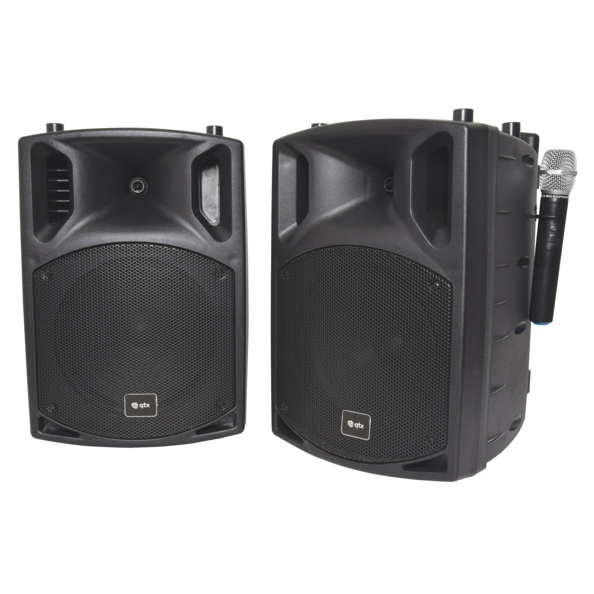 The QTX PAV10 Portable PA Set, which includes two black speakers with rounded edges, sits side by side to create a portable sound system. A UHF handheld microphone is connected to the right speaker. These speakers feature a textured finish for an elegant look and offer seamless Bluetooth playback, marked by a small round logo at the bottom center.