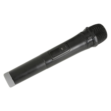 The QTX Handheld for Busker, Quest & PAL Portable PA (174.1MHz) is a black wireless microphone with a mesh grille head, body power switch, and gray bottom cap—ideal for qtx portable PA systems and shown on a white background.
